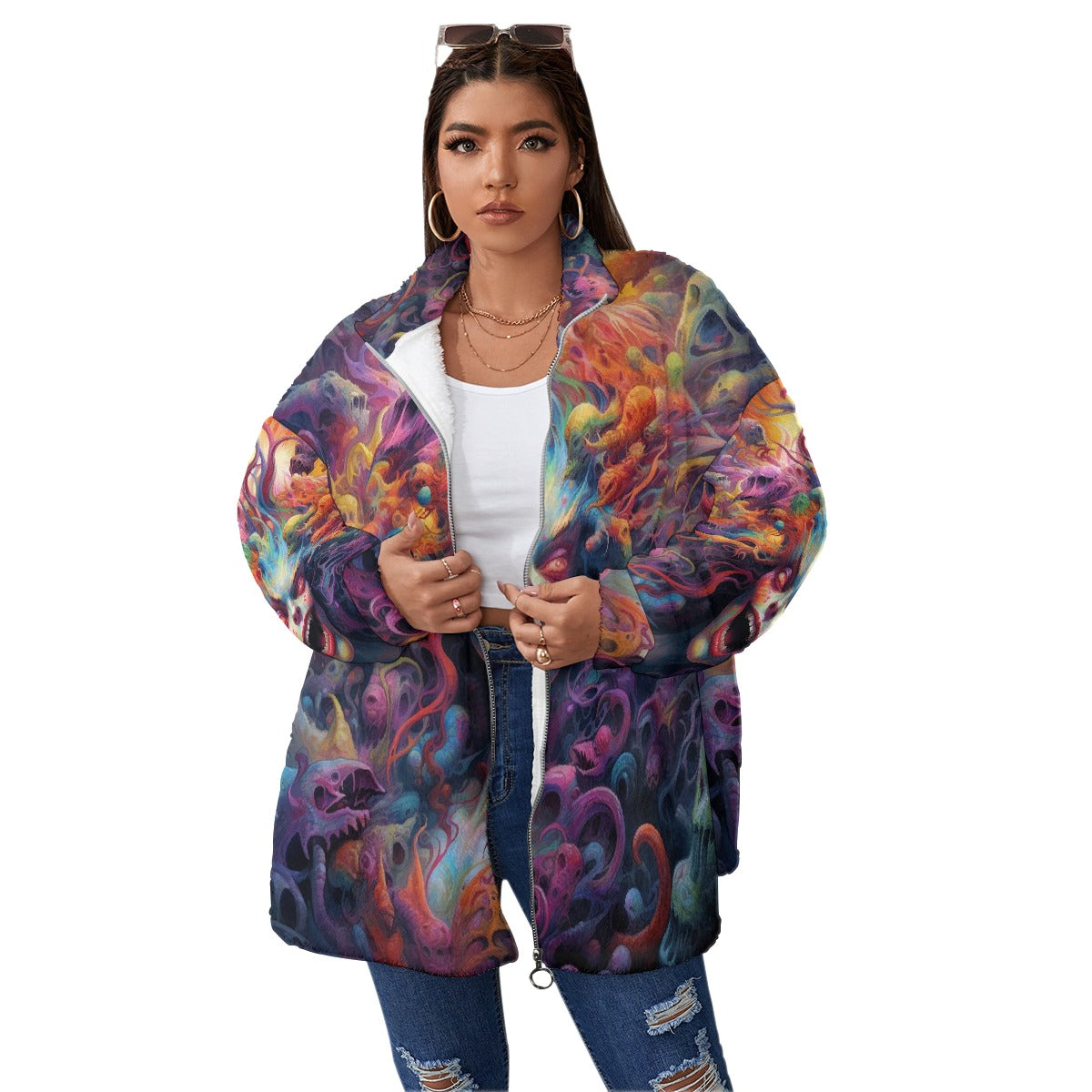 All-Over Print Unisex Borg Fleece Stand-up Collar Coat With Zipper Closure(Plus Size)