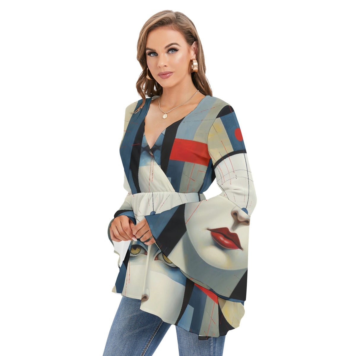 All-Over Print Women's V-neck Blouse With Flared Sleeves
