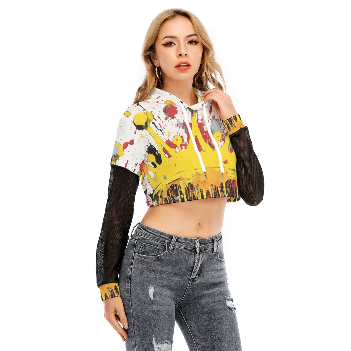 All-Over Print Women's Fake Two-piece Mesh Sleeve Cropped Hoodie