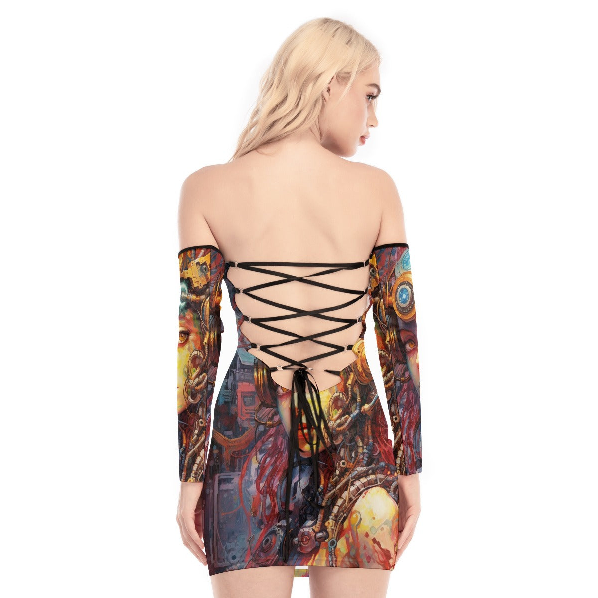 All-Over Print Women's Off-shoulder Back Lace-up Dress