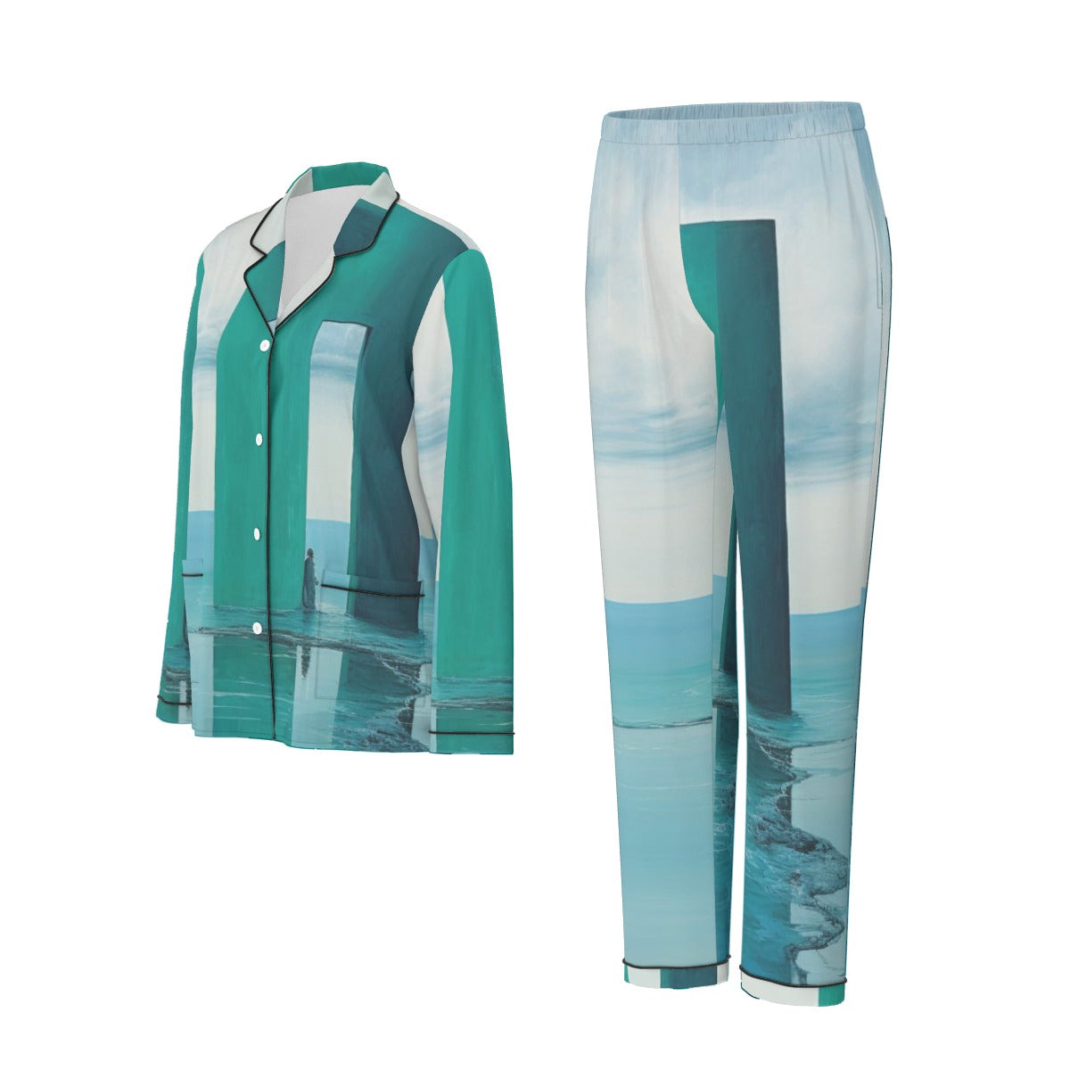 All-Over Print Women's Long Sleeve Pajama Set With Black Contrast Piping