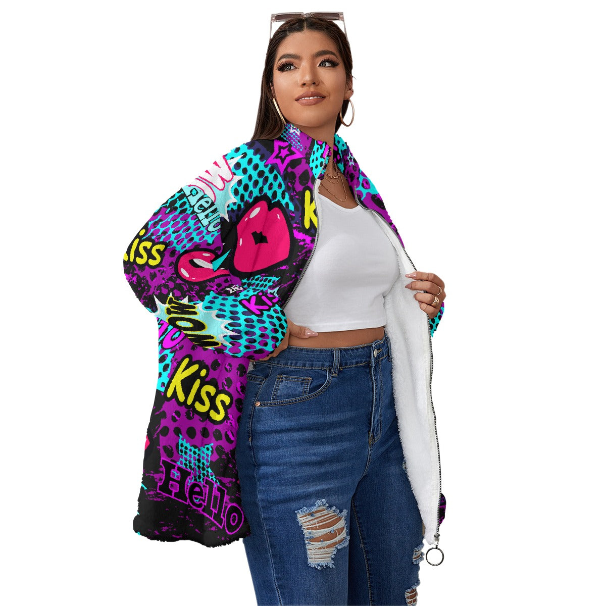 All-Over Print Unisex Borg Fleece Stand-up Collar Coat With Zipper Closure(Plus Size)