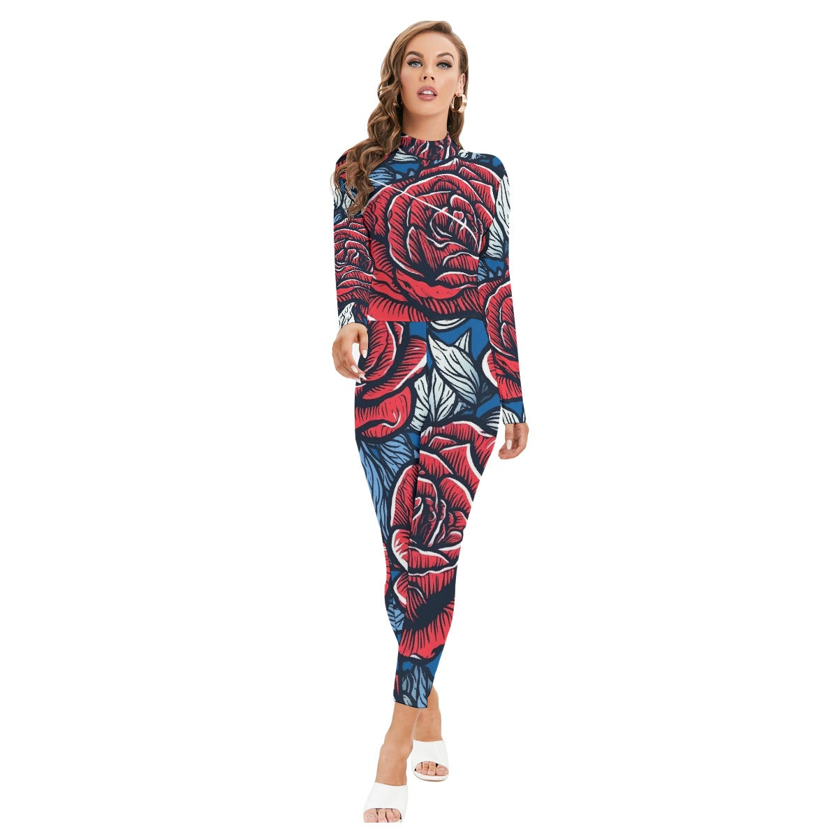 All-Over Print Women's Long-sleeved High-neck Jumpsuit With Zipper