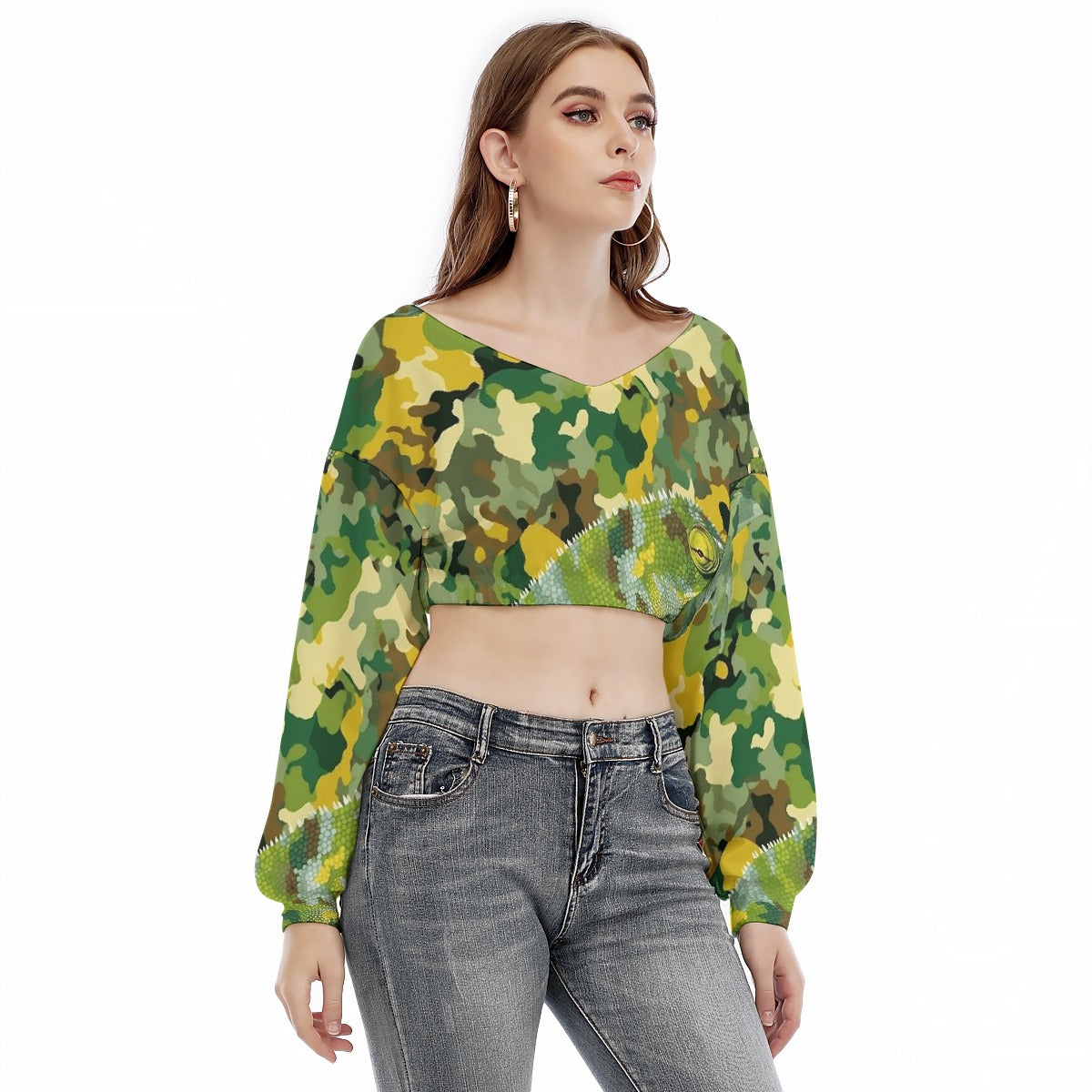 All-Over Print Women's V-neck Long Sleeve Cropped Sweatshirt