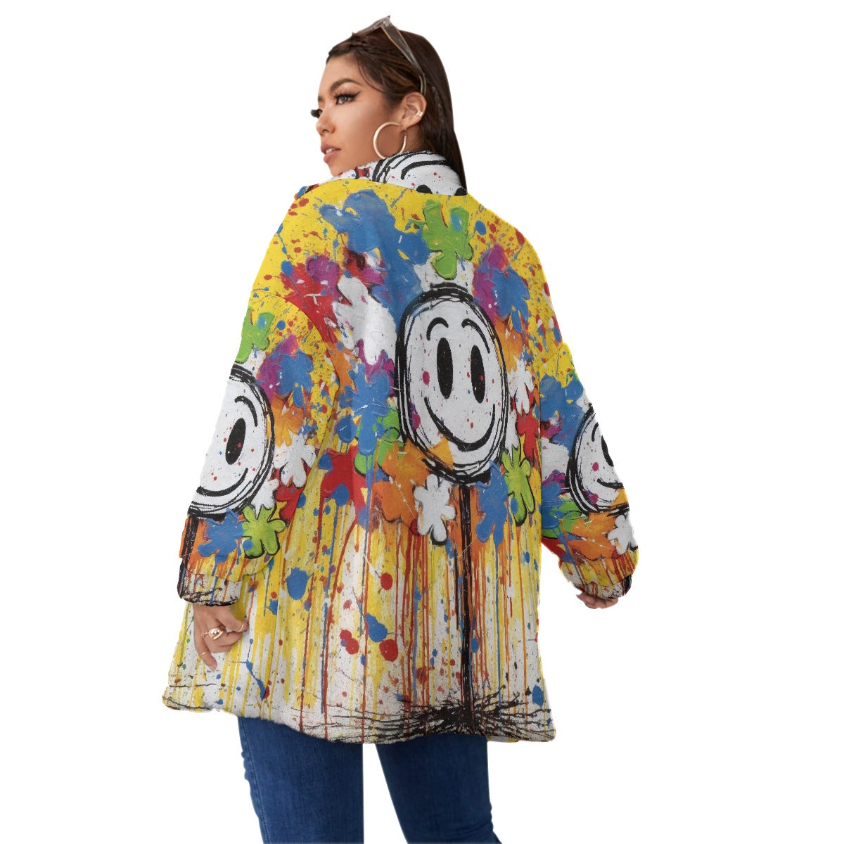 All-Over Print Unisex Borg Fleece Stand-up Collar Coat With Zipper Closure(Plus Size)