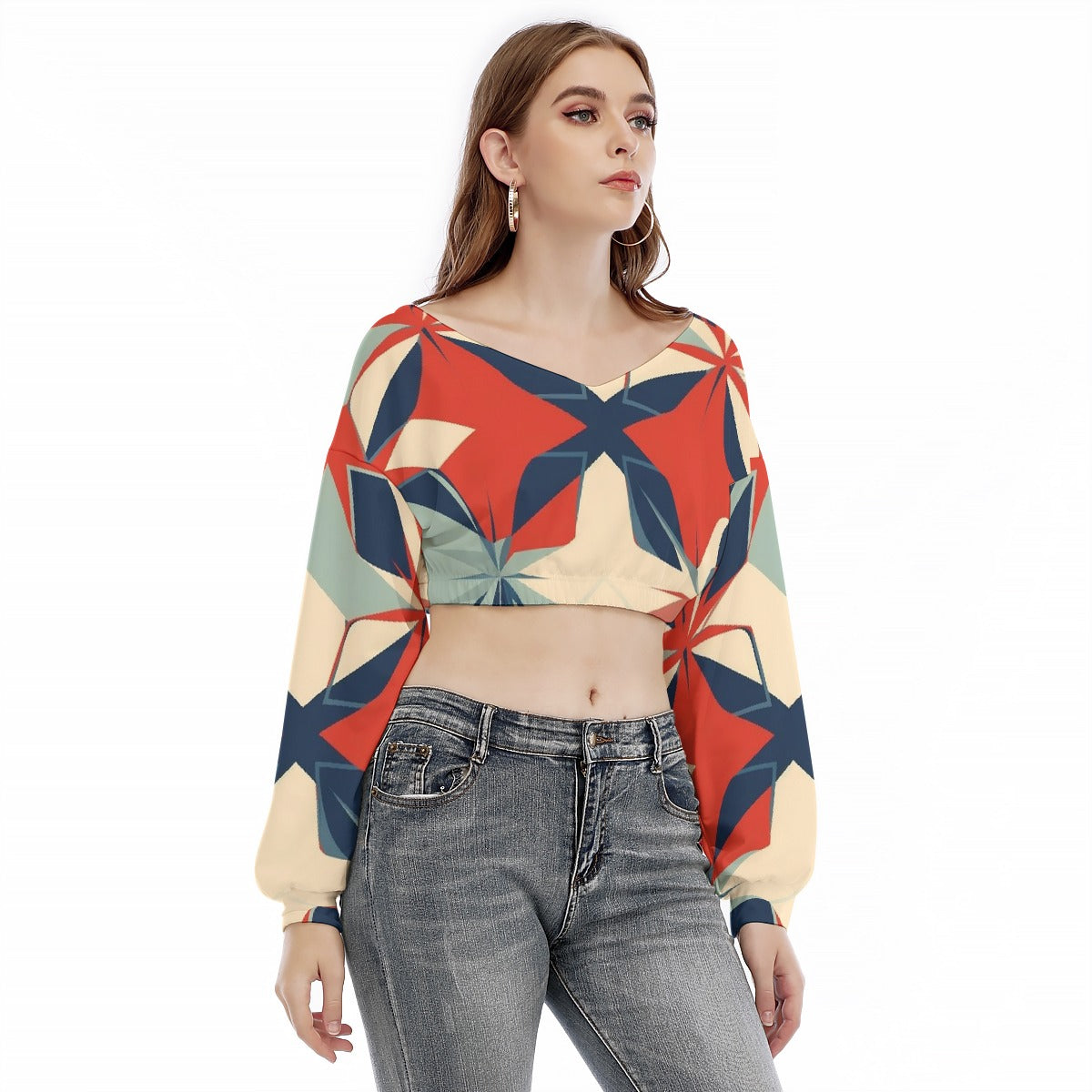 All-Over Print Women's V-neck Long Sleeve Cropped Sweatshirt