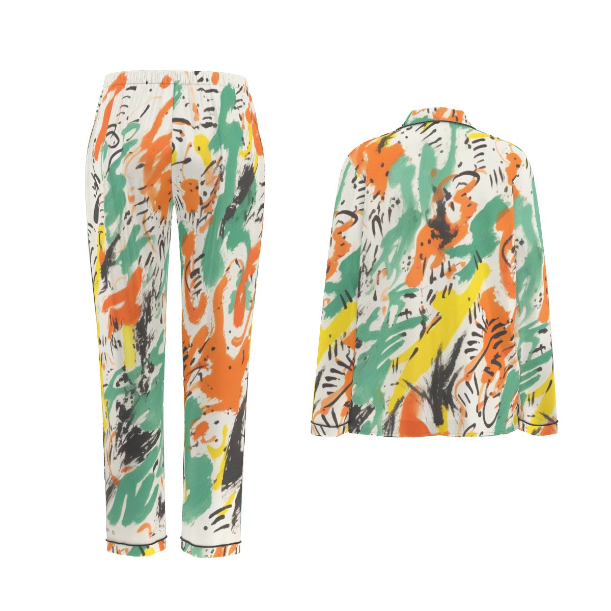 All-Over Print Women's Long Sleeve Pajama Set With Black Contrast Piping