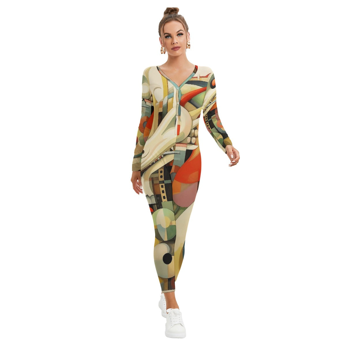 All-Over Print Women's Plunging Neck Jumpsuit