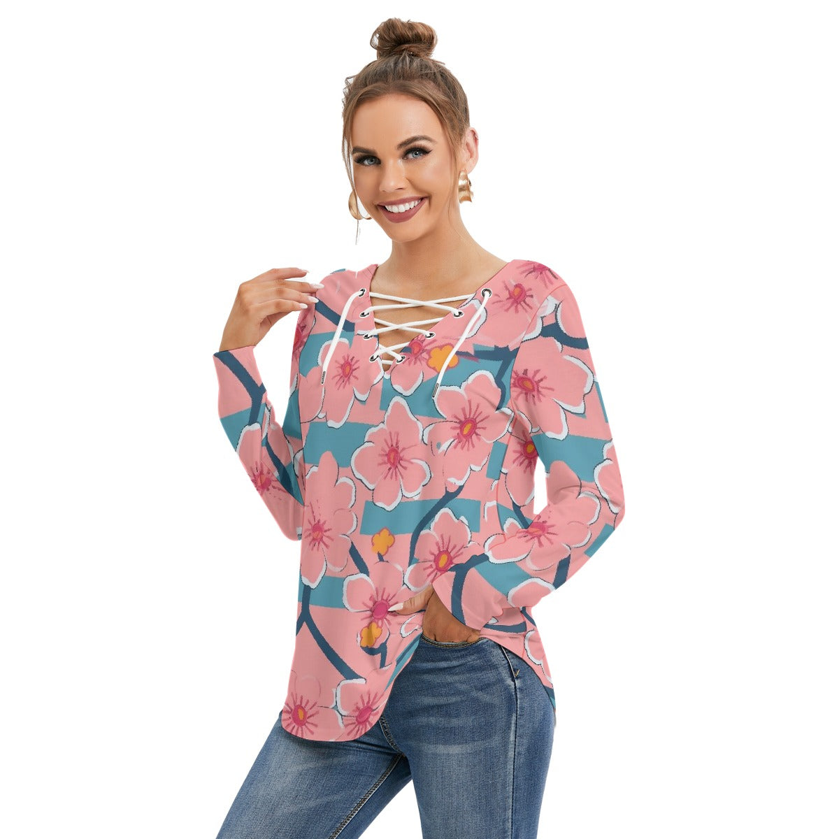 All-Over Print Women's Long Sleeve Neckline Tie Sweatshirt