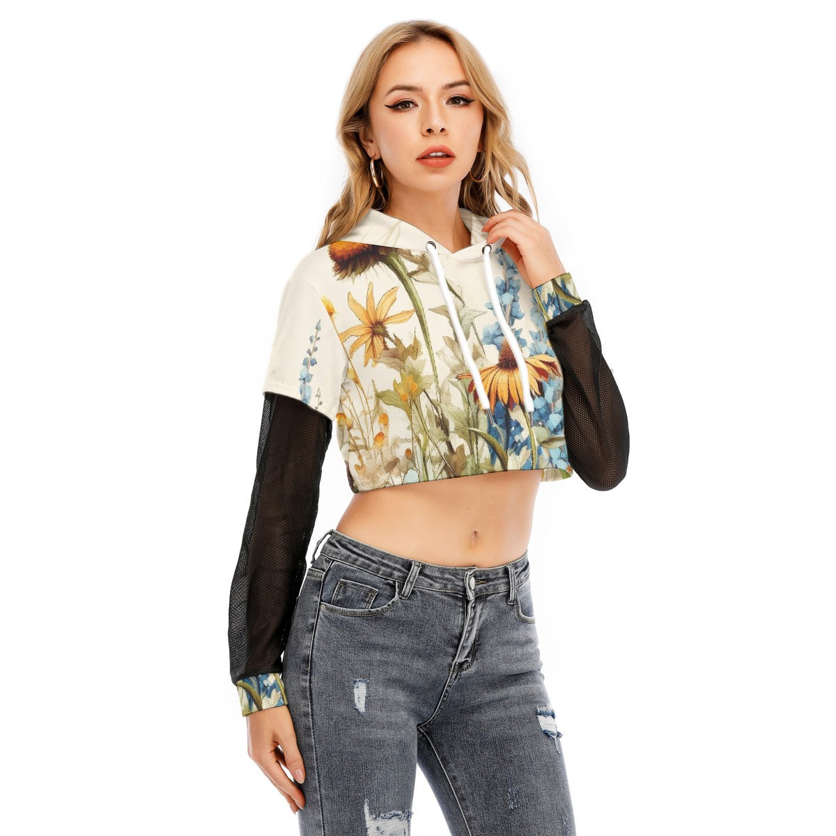 All-Over Print Women's Fake Two-piece Mesh Sleeve Cropped Hoodie