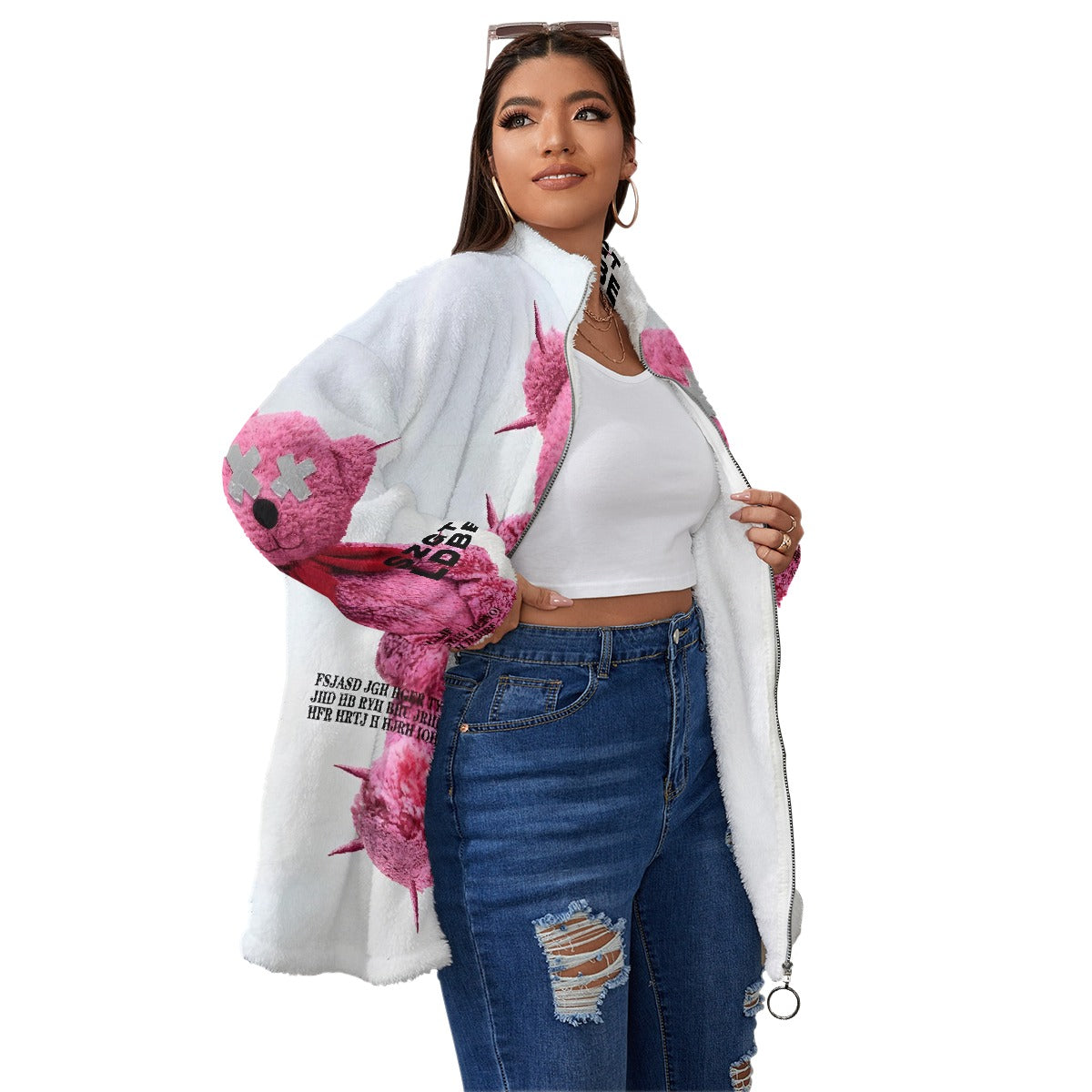 All-Over Print Unisex Borg Fleece Stand-up Collar Coat With Zipper Closure(Plus Size)