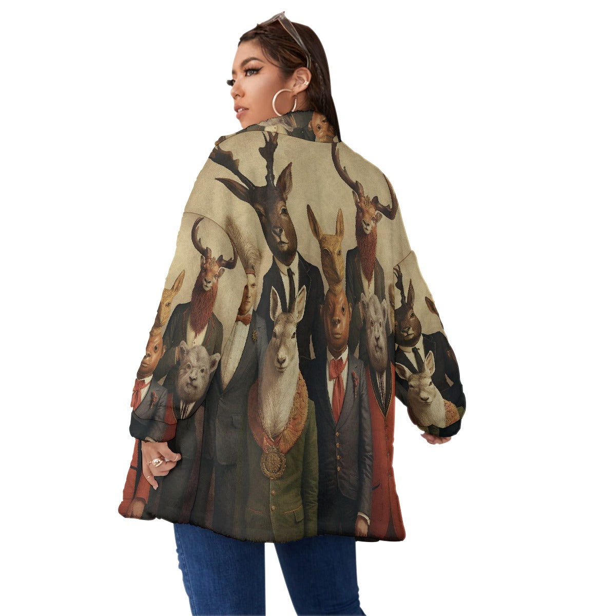 All-Over Print Unisex Borg Fleece Stand-up Collar Coat With Zipper Closure(Plus Size)