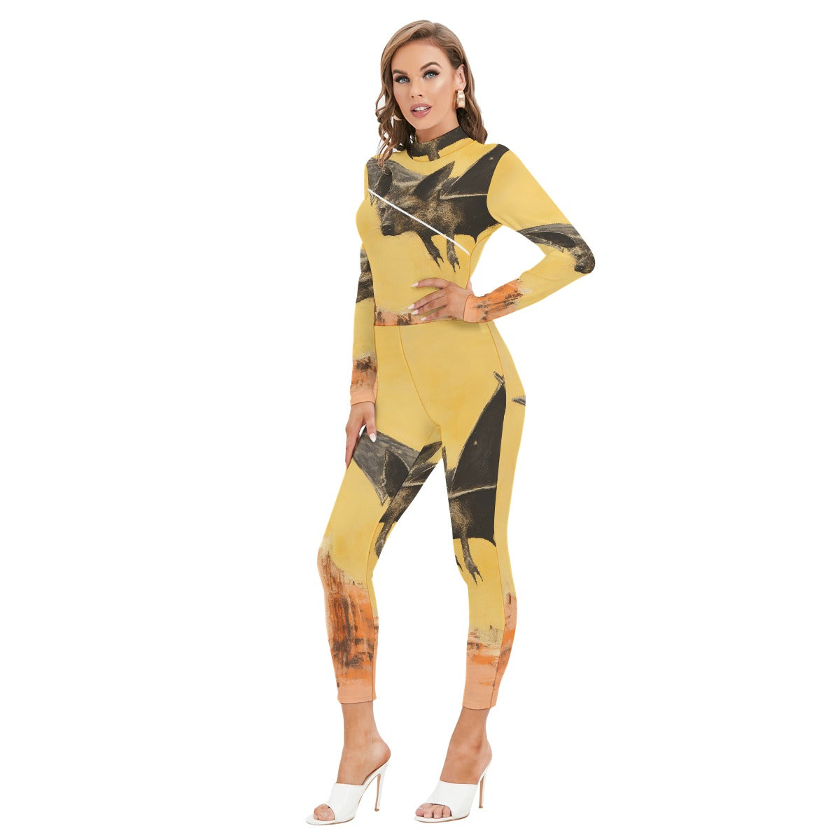 All-Over Print Women's Long-sleeved High-neck Jumpsuit With Zipper