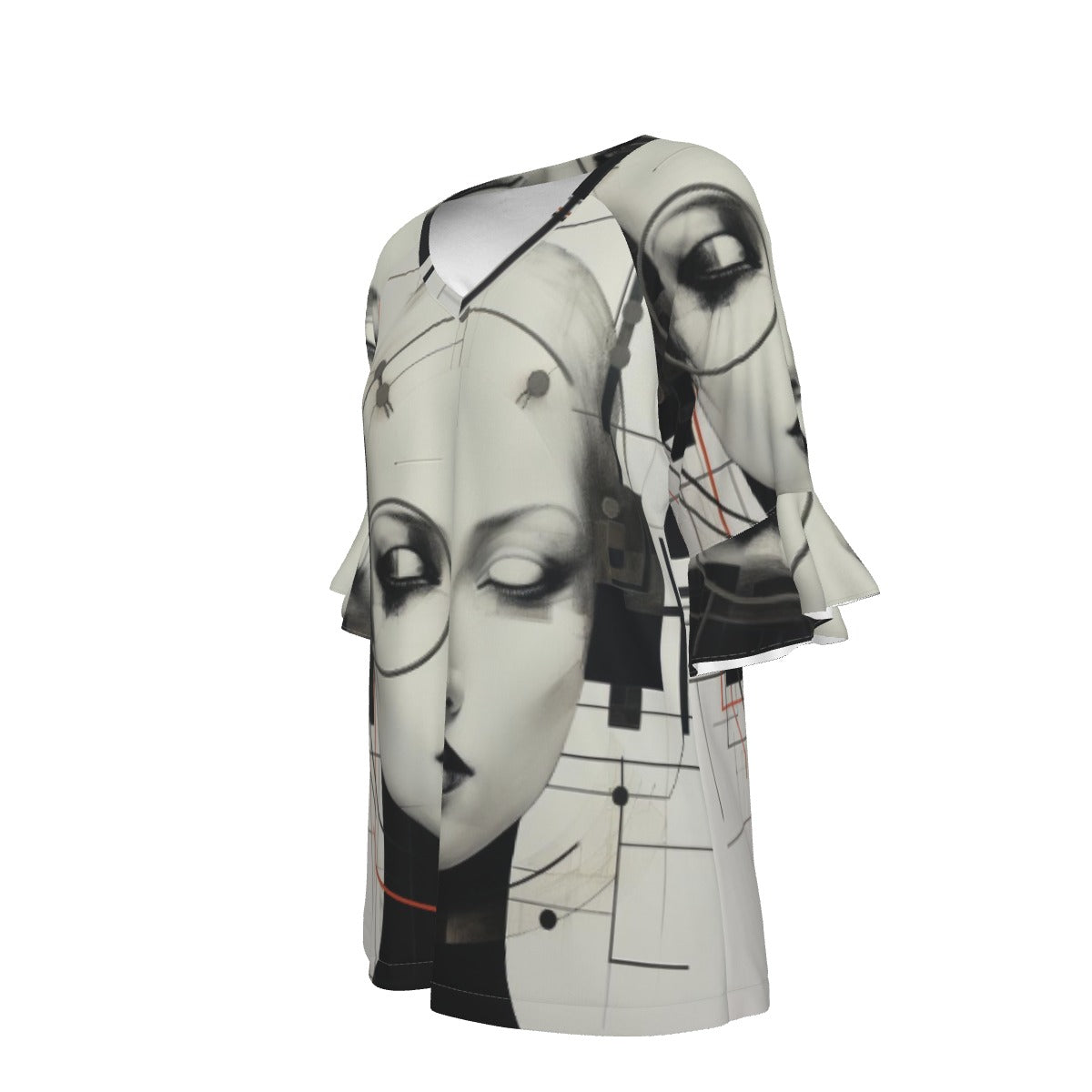 All-Over Print V-neck Women's T-shirt With Bell Sleeve