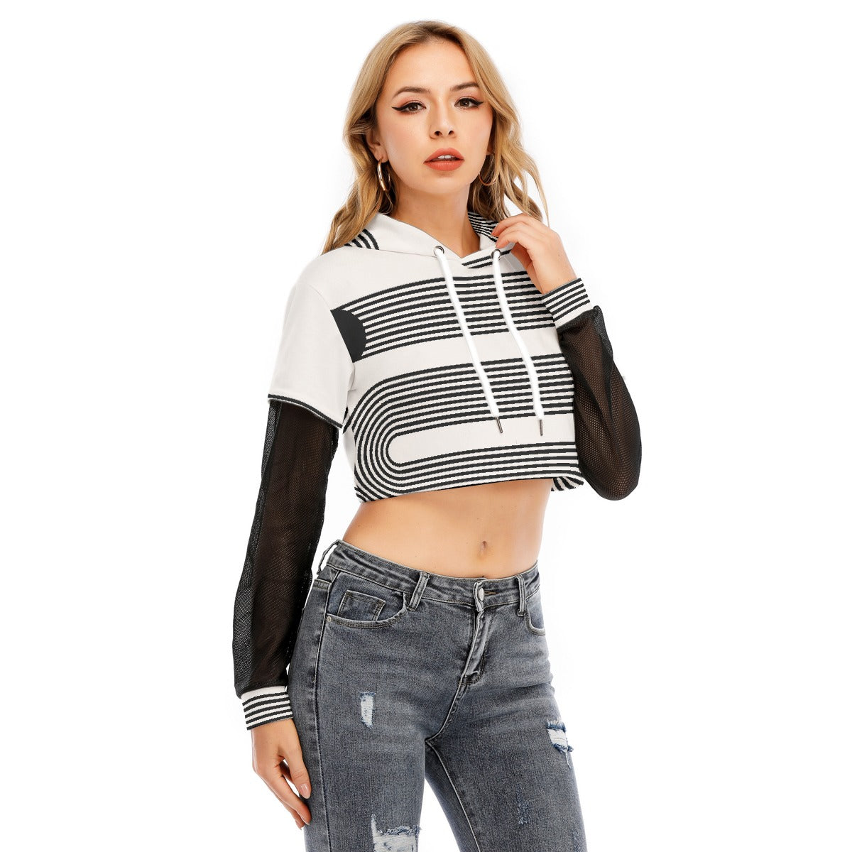 All-Over Print Women's Fake Two-piece Mesh Sleeve Cropped Hoodie
