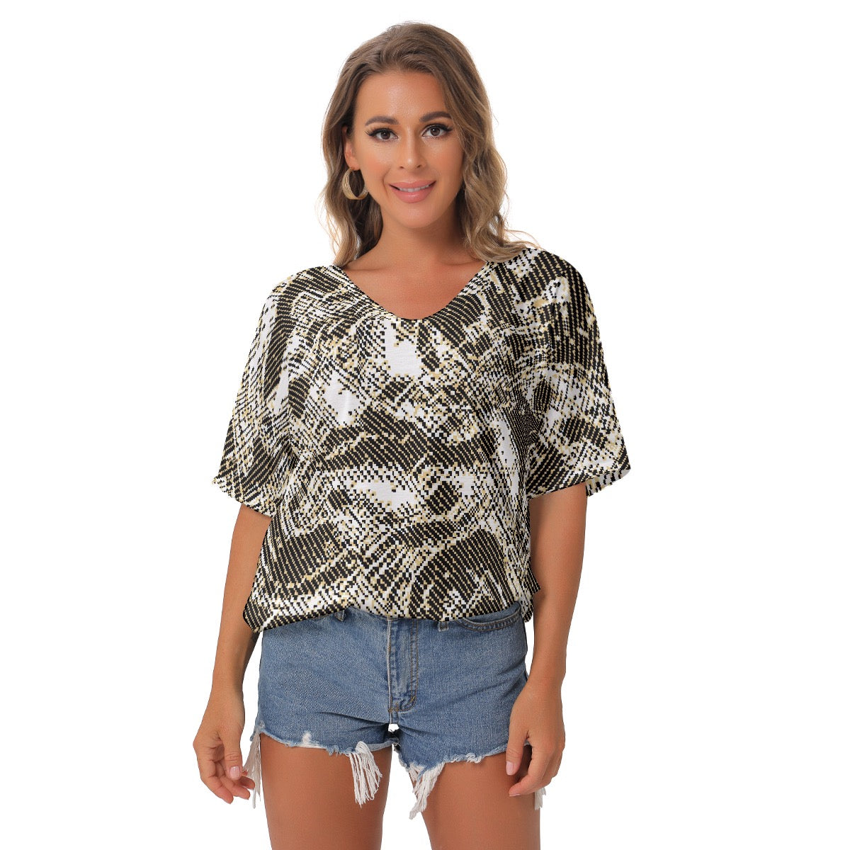 All-Over Print Women's Bat Sleeves V-Neck Blouse