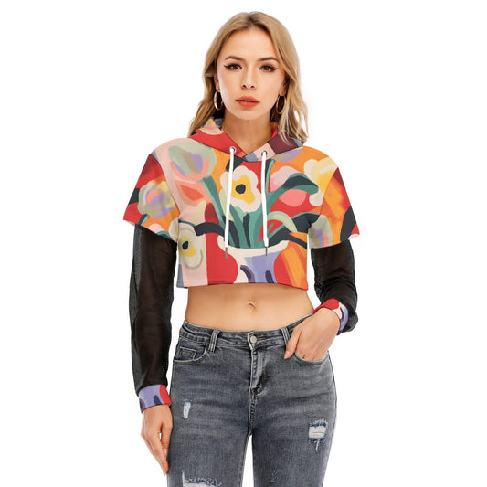 All-Over Print Women's Fake Two-piece Mesh Sleeve Cropped Hoodie