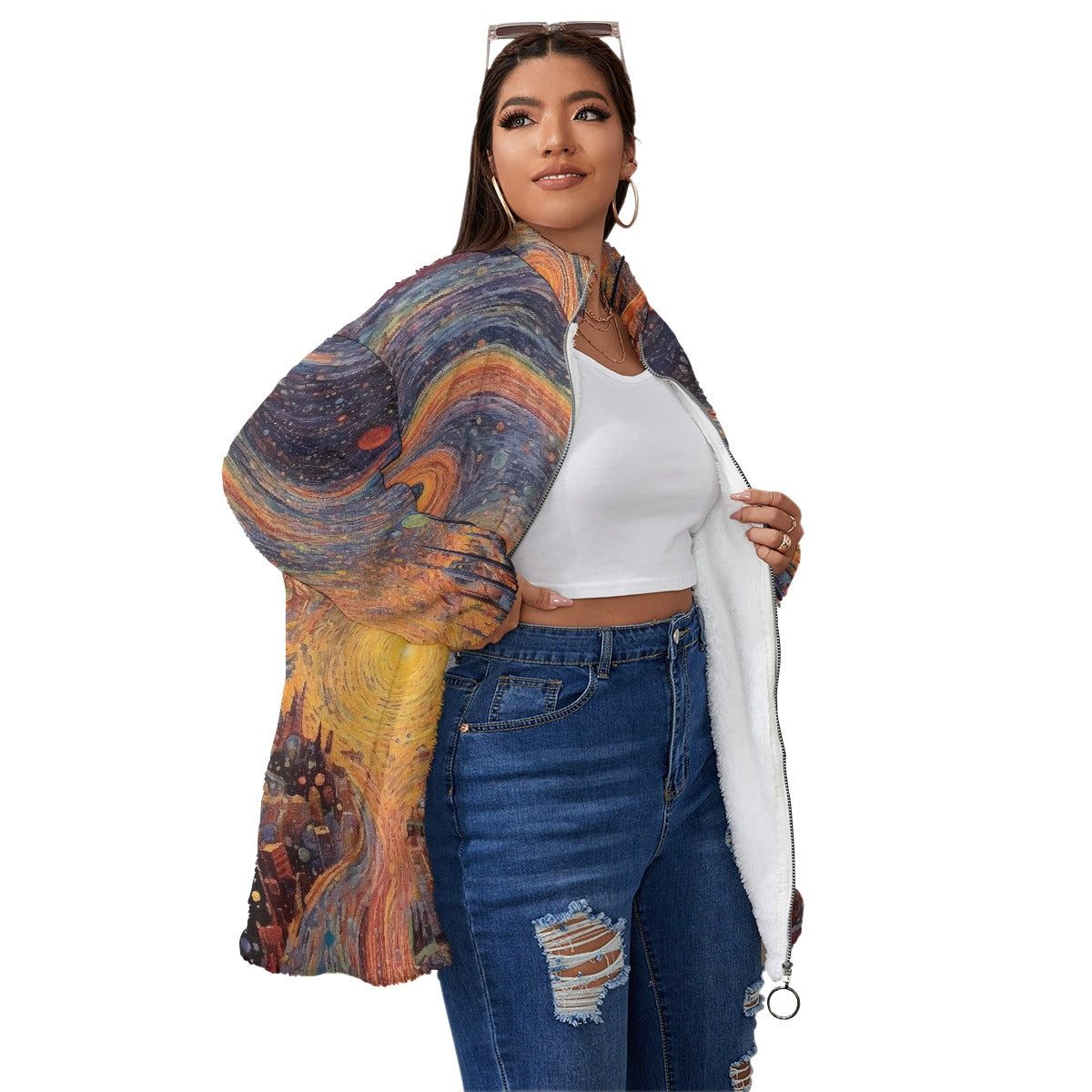 All-Over Print Unisex Borg Fleece Stand-up Collar Coat With Zipper Closure(Plus Size)