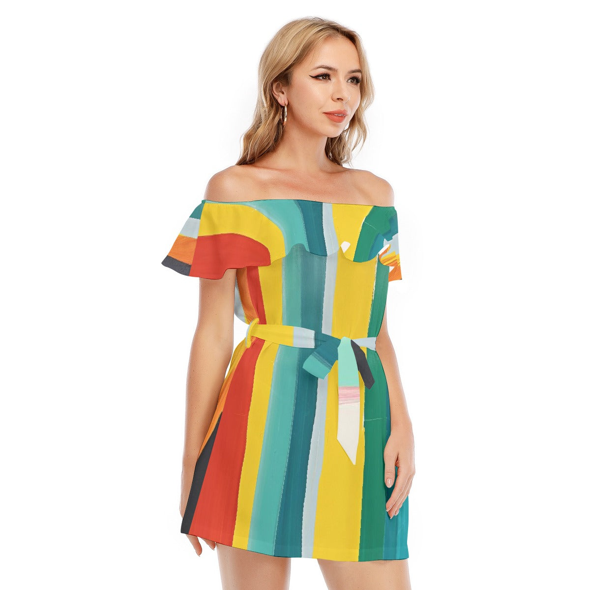 All-Over Print Women's Off-shoulder Dress With Ruffle