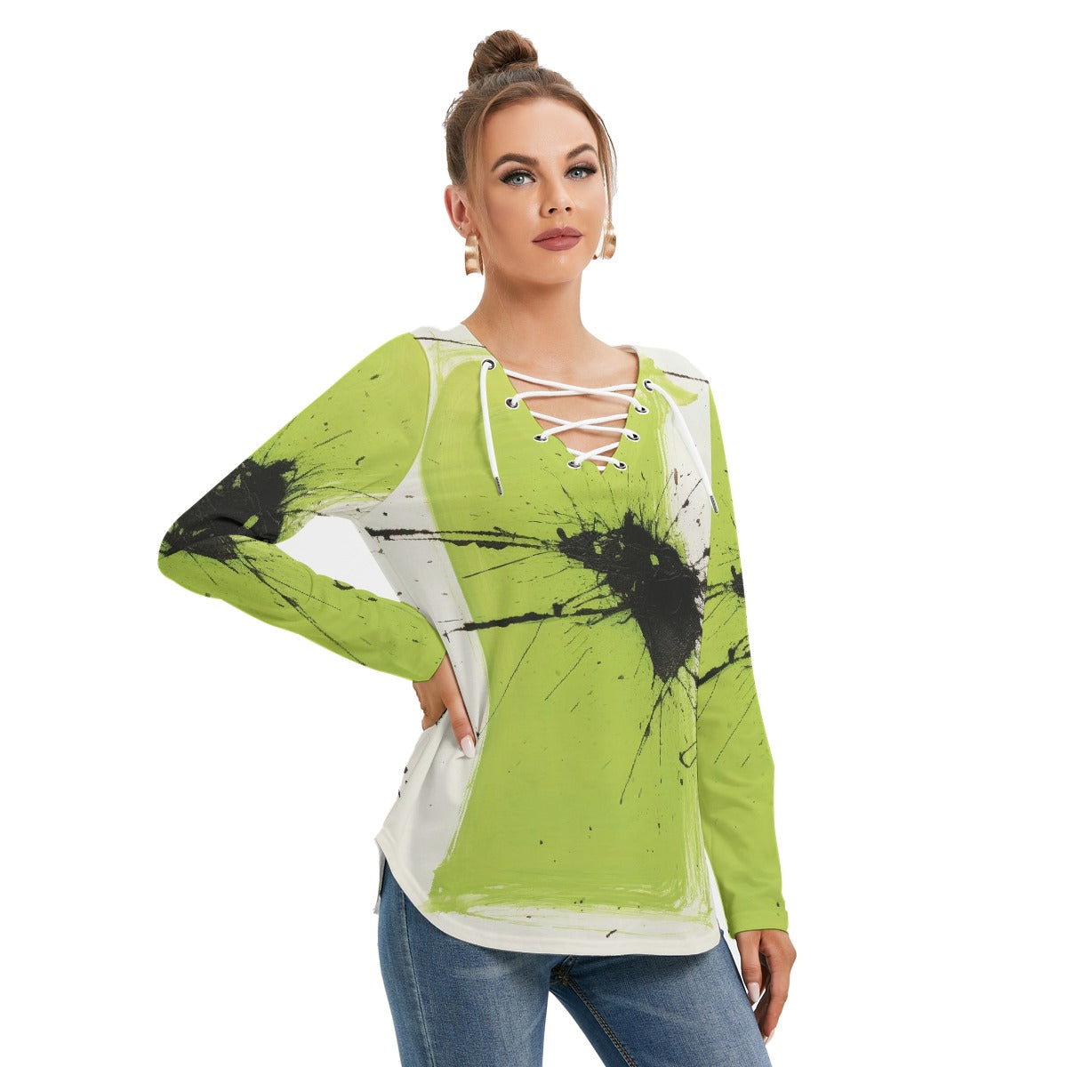 All-Over Print Women's Long Sleeve Neckline Tie Sweatshirt