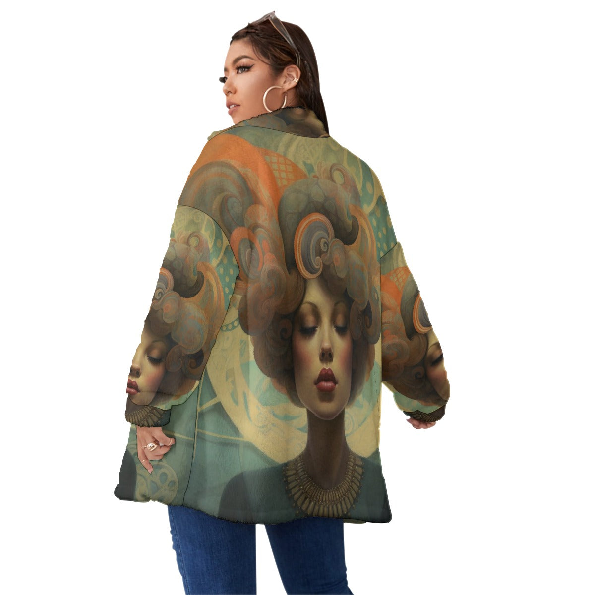 All-Over Print Unisex Borg Fleece Stand-up Collar Coat With Zipper Closure(Plus Size)