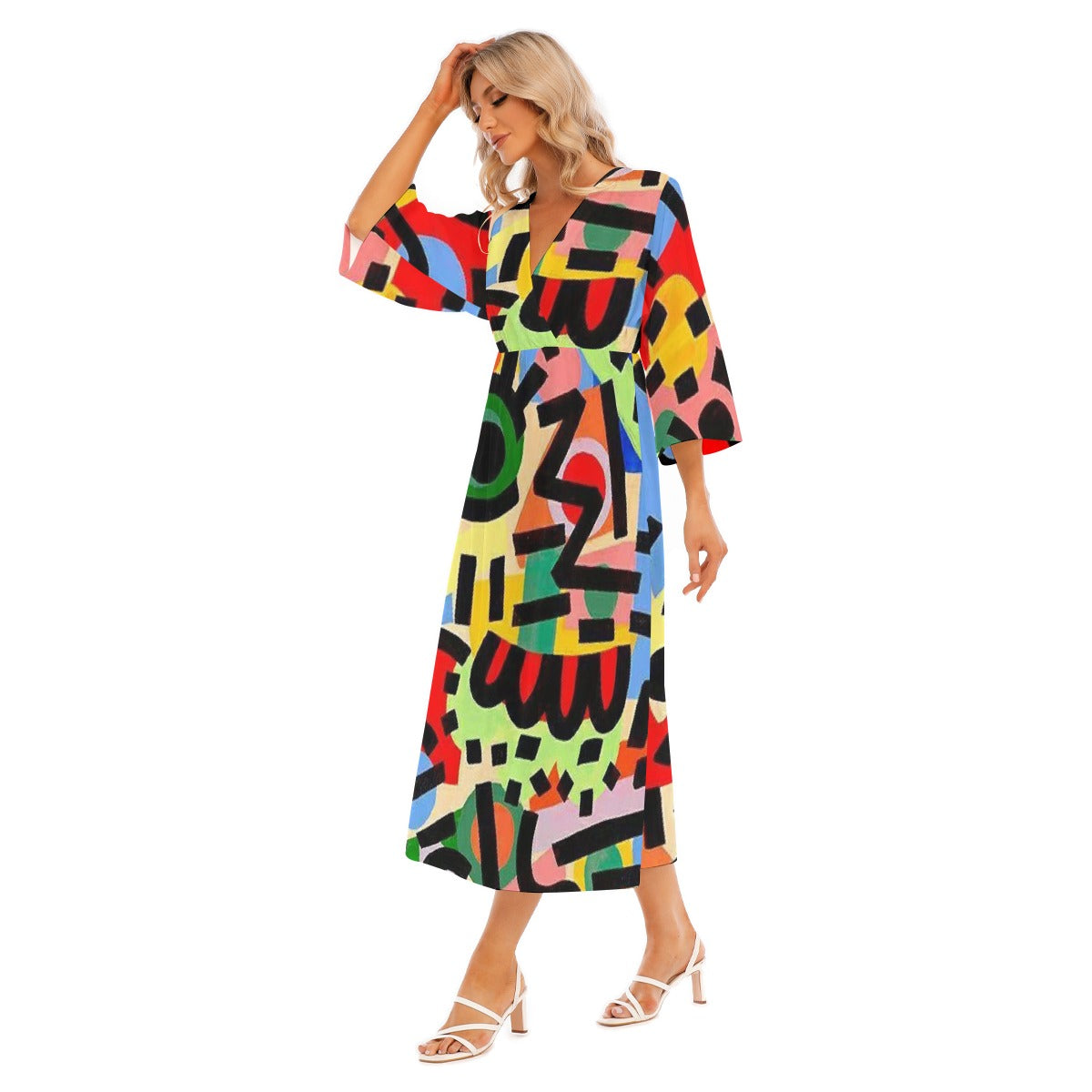All-Over Print Women's Mid-Sleeve Long Dress