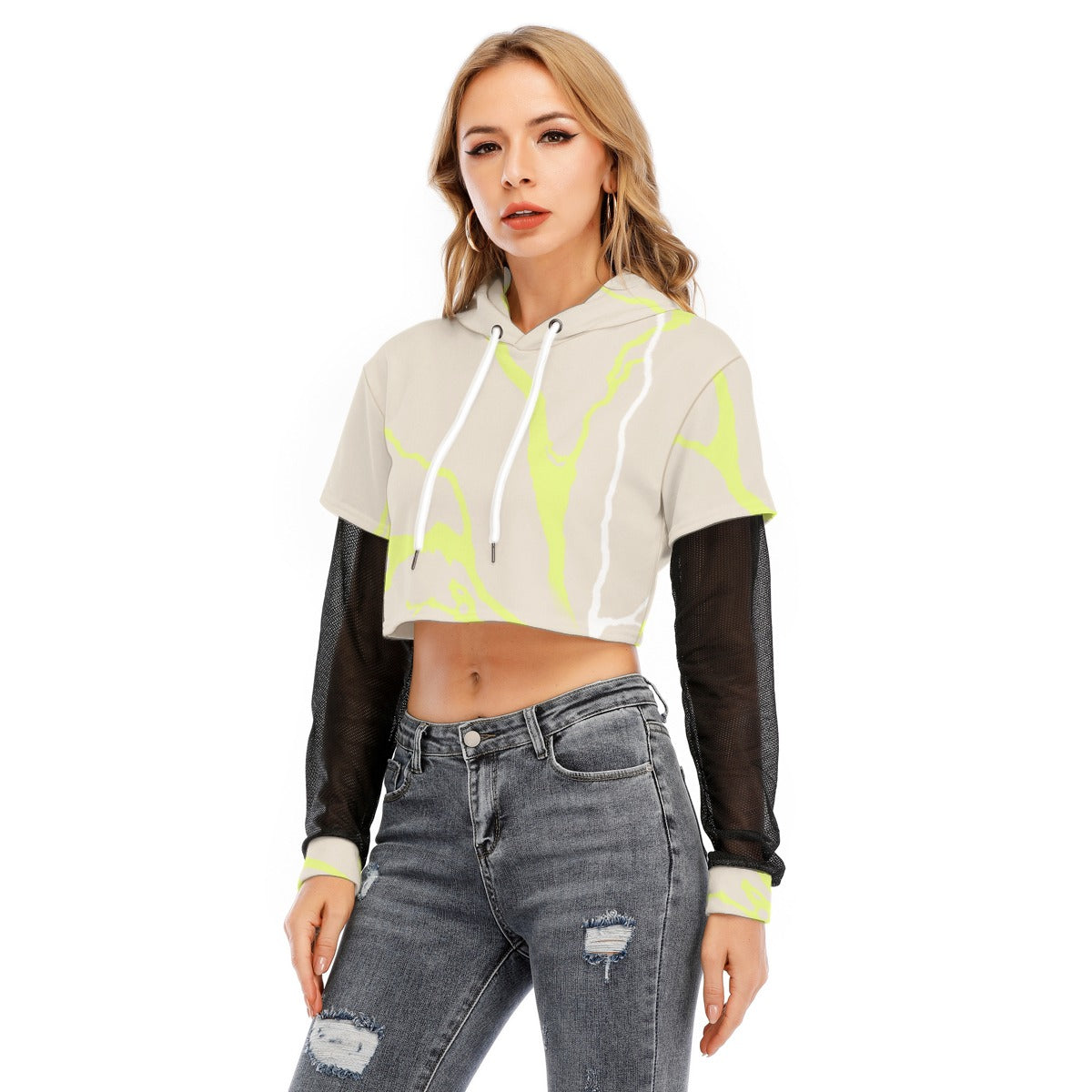 All-Over Print Women's Fake Two-piece Mesh Sleeve Cropped Hoodie