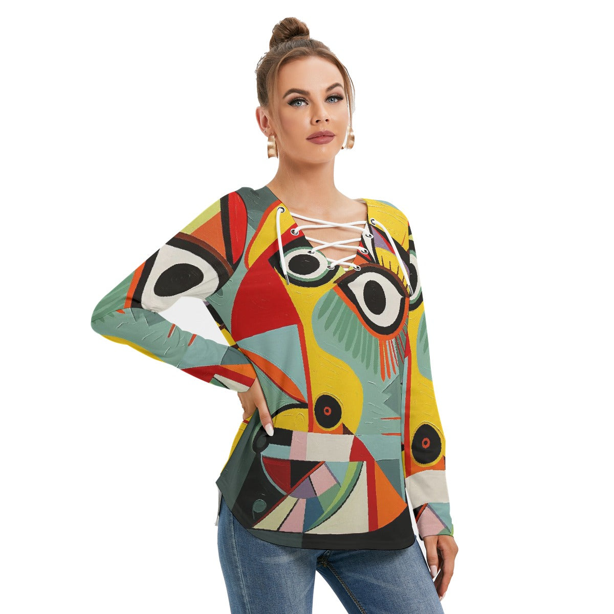 All-Over Print Women's Long Sleeve Neckline Tie Sweatshirt