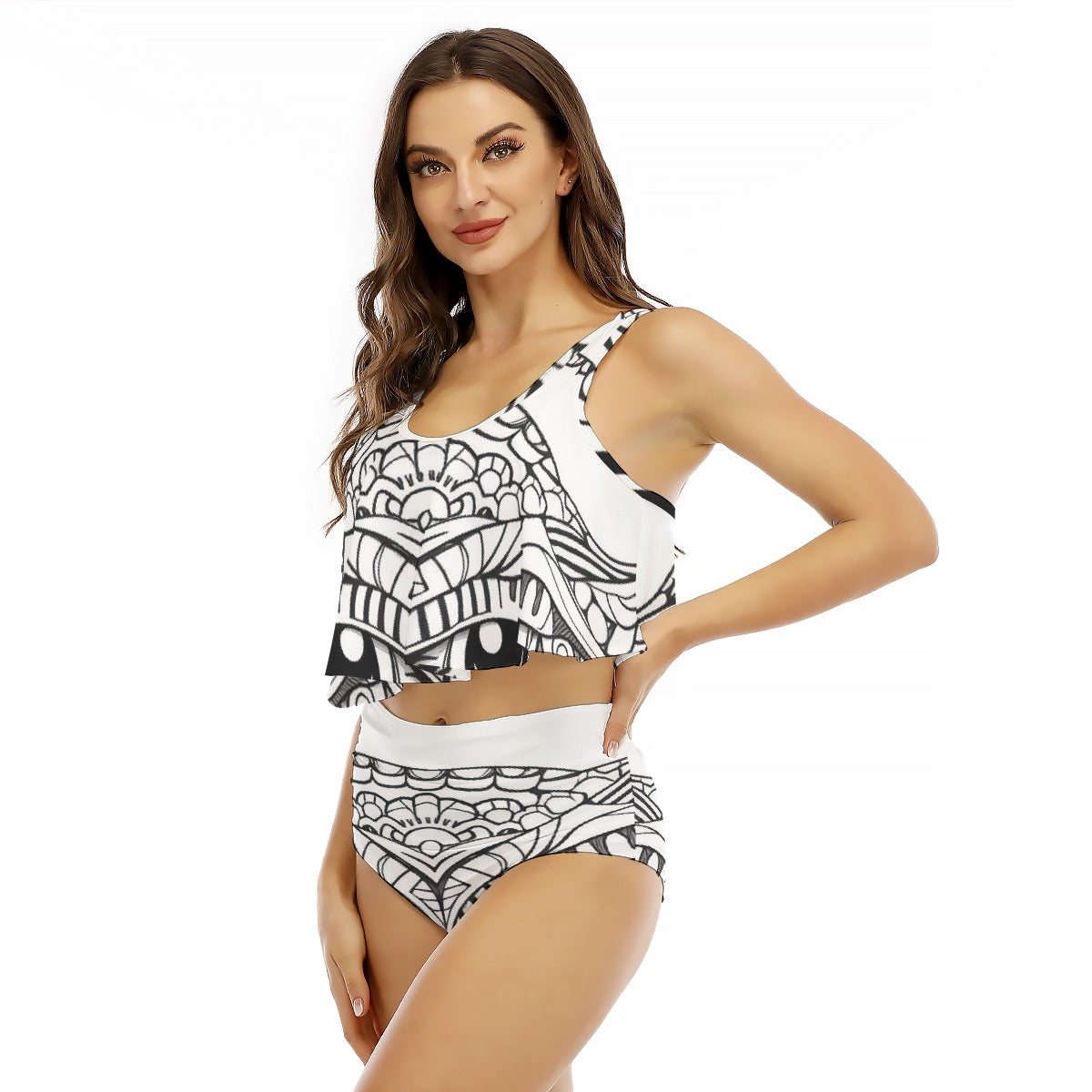 All-Over Print Women's Ruffled Vest Bikini Swimsuit