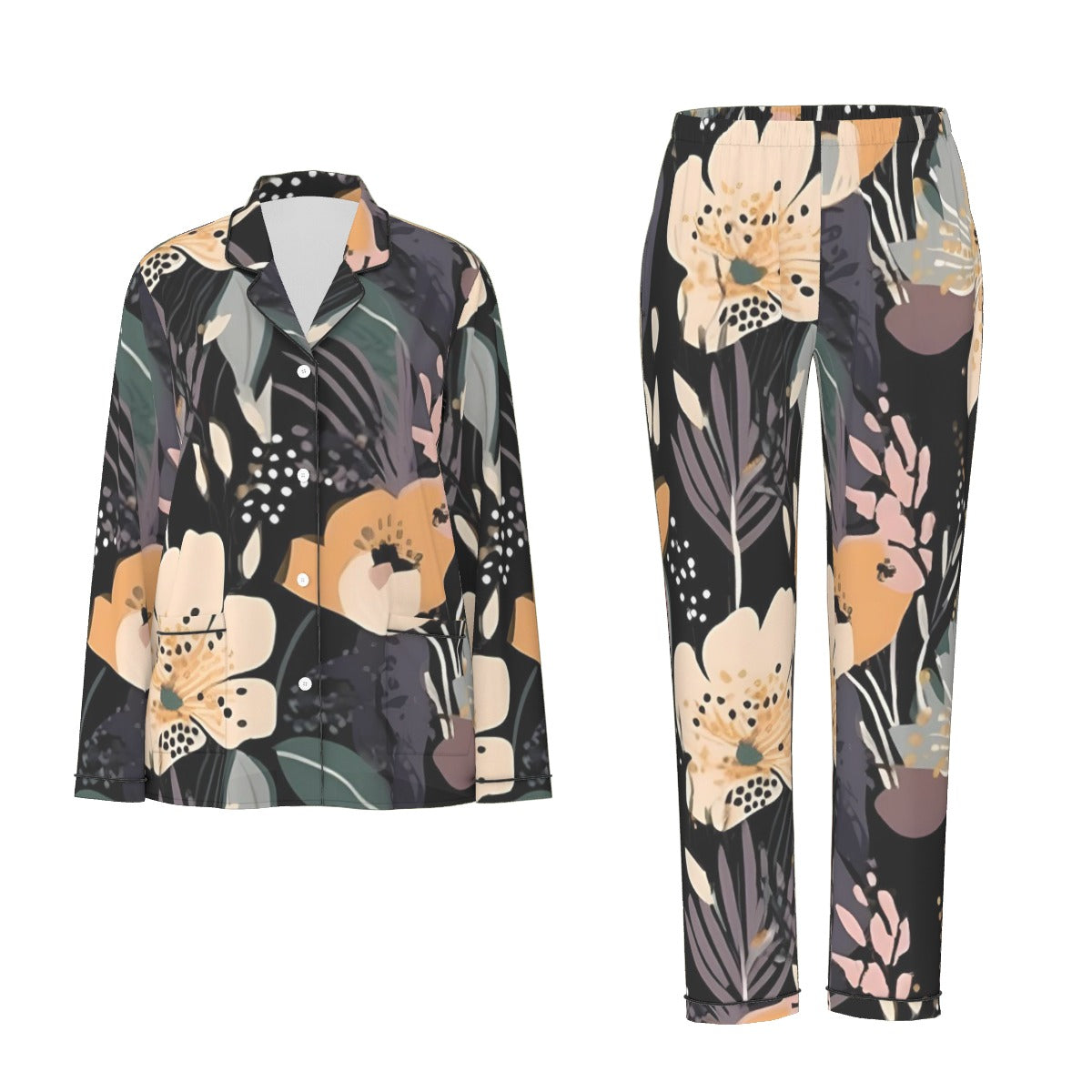 All-Over Print Women's Long Sleeve Pajama Set With Black Contrast Piping