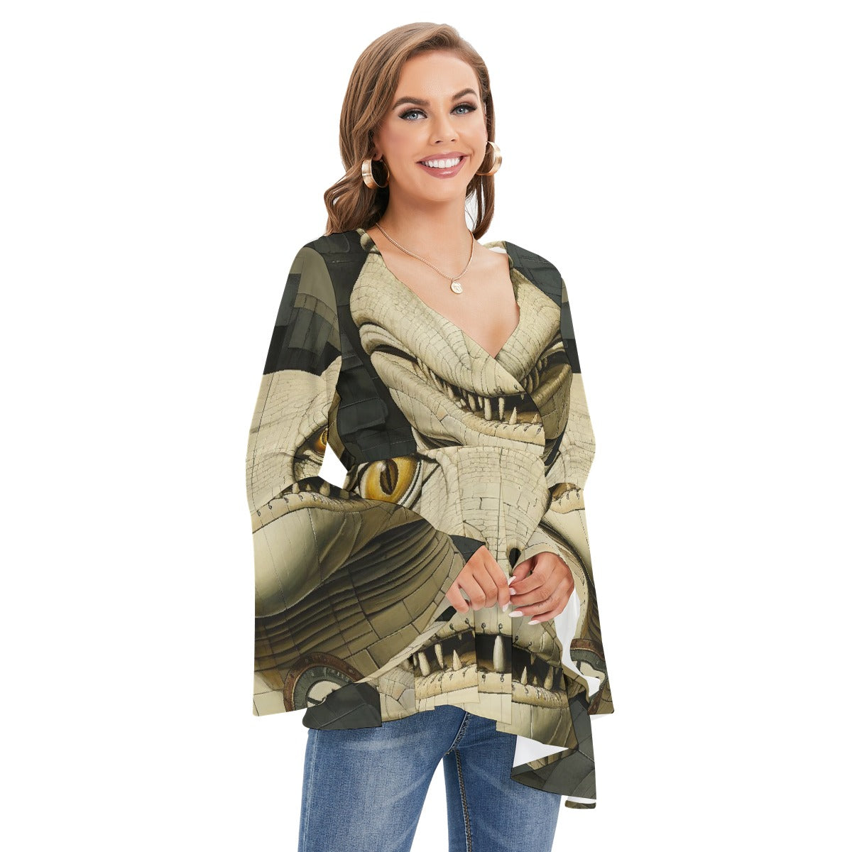 All-Over Print Women's V-neck Blouse With Flared Sleeves