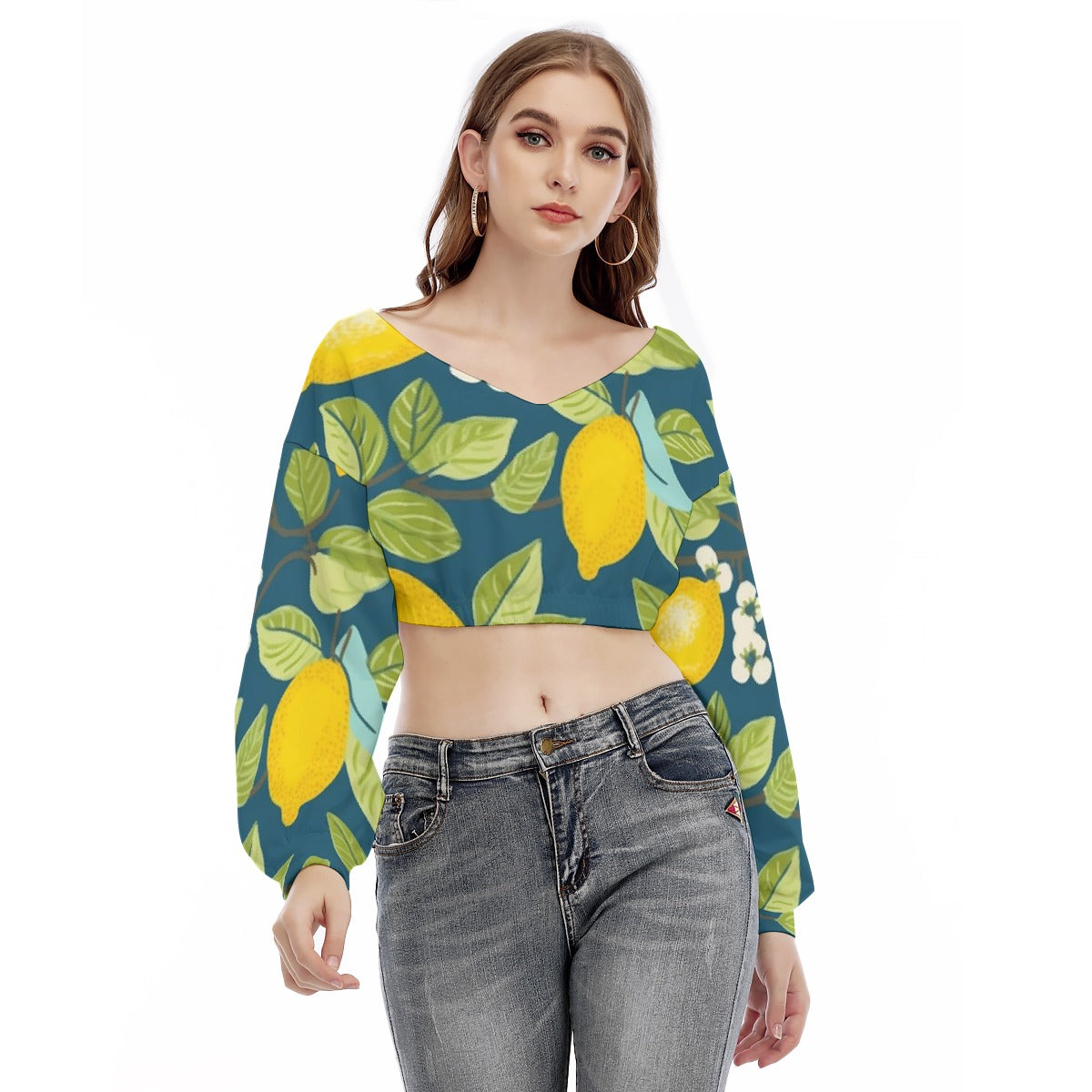 All-Over Print Women's V-neck Long Sleeve Cropped Sweatshirt