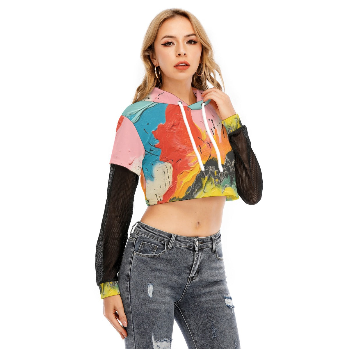 All-Over Print Women's Fake Two-piece Mesh Sleeve Cropped Hoodie