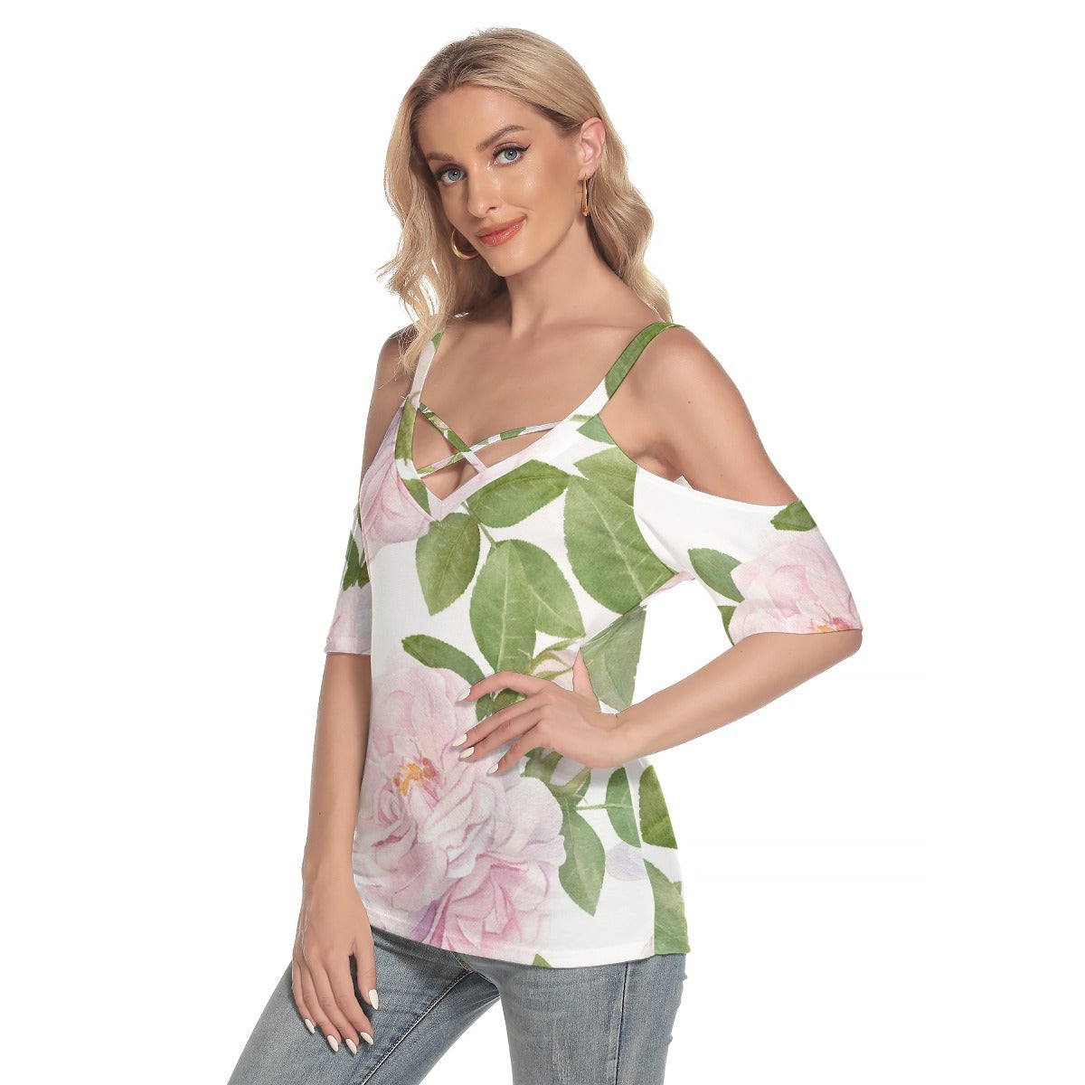 All-Over Print Women's Cold Shoulder T-shirt With Criss Cross Strips