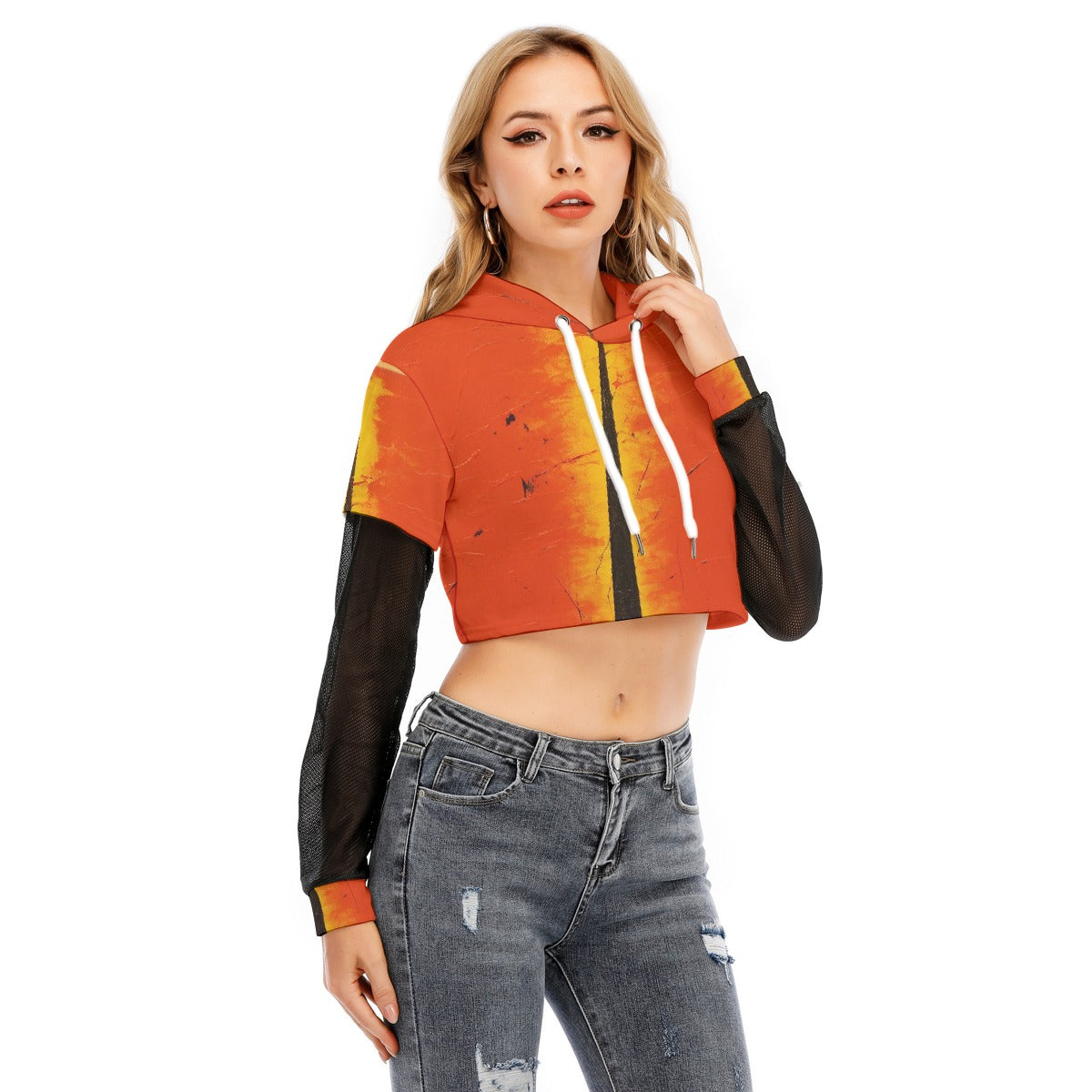 All-Over Print Women's Fake Two-piece Mesh Sleeve Cropped Hoodie