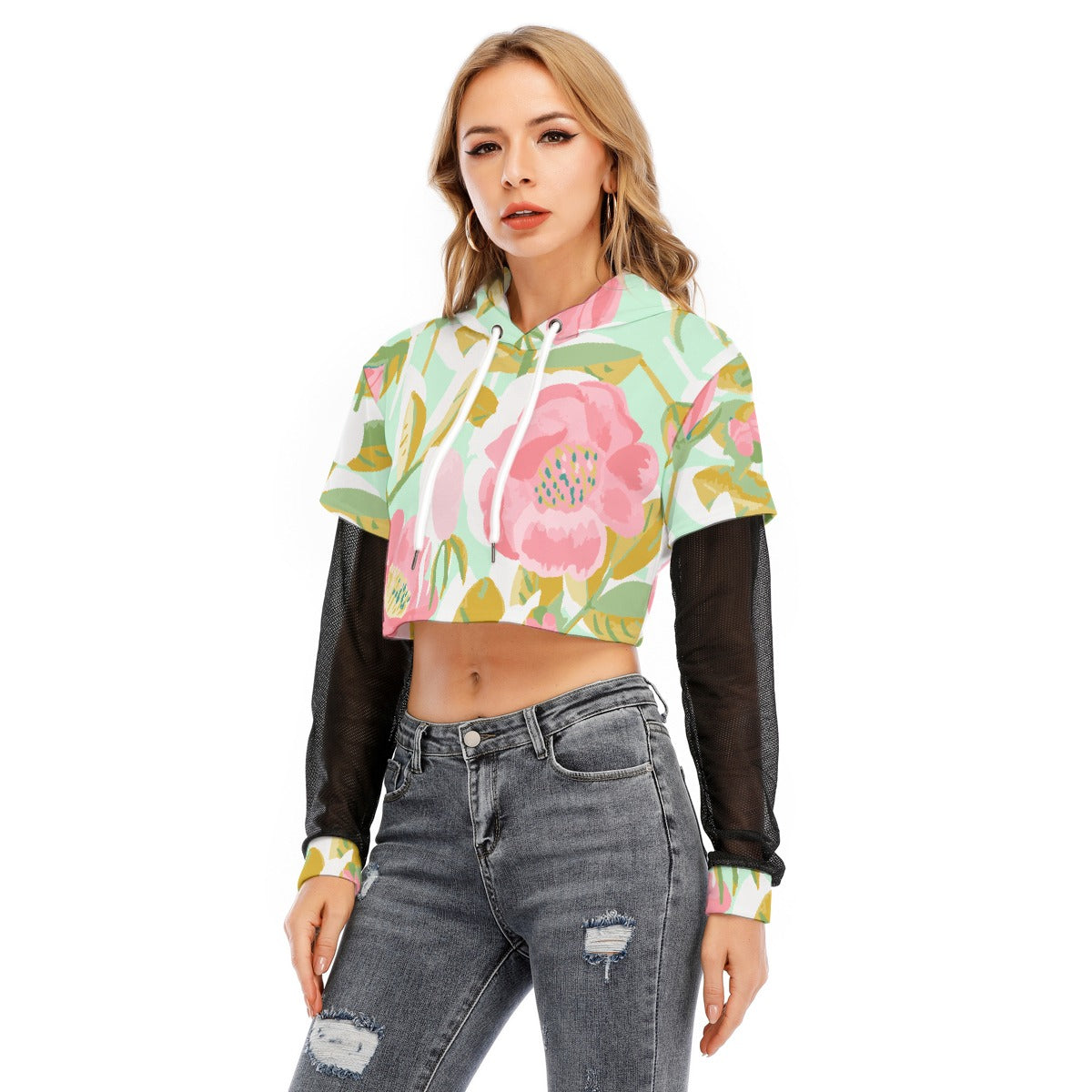 All-Over Print Women's Fake Two-piece Mesh Sleeve Cropped Hoodie