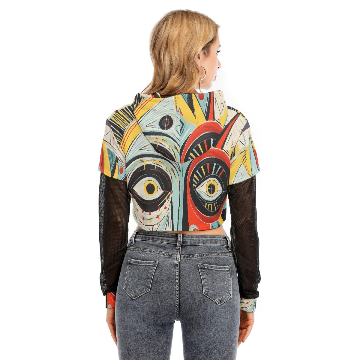 All-Over Print Women's Fake Two-piece Mesh Sleeve Cropped Hoodie