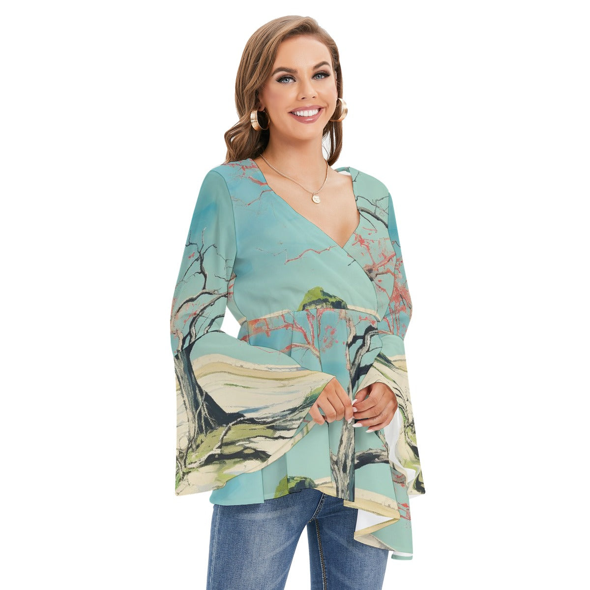 All-Over Print Women's V-neck Blouse With Flared Sleeves