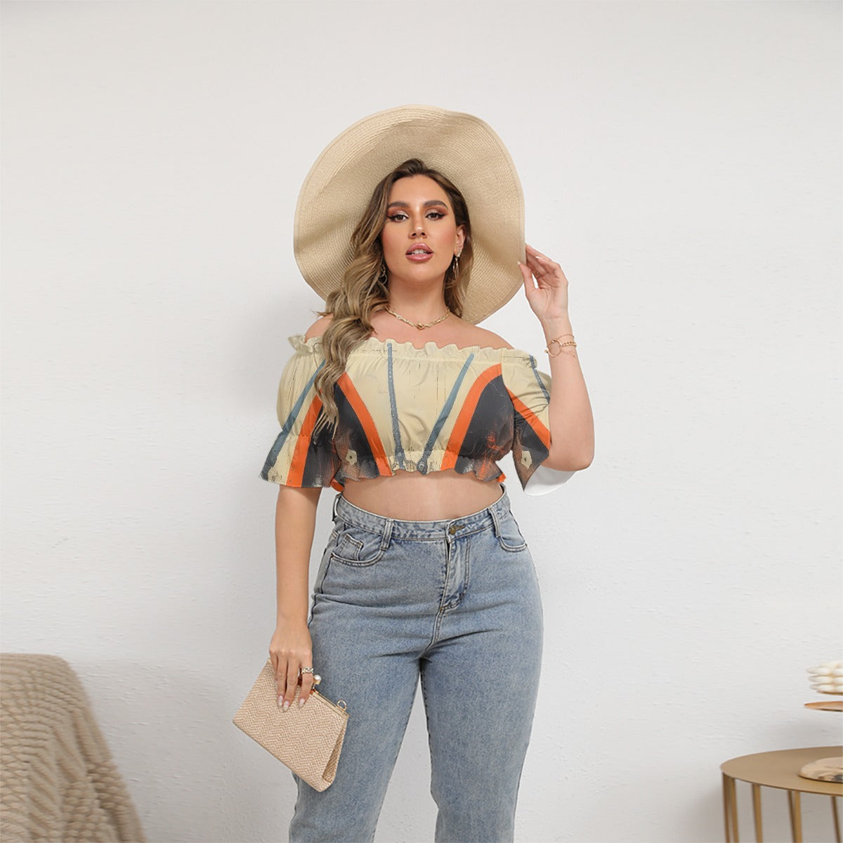 All-Over Print Women's Off-shoulder Cropped Top With Short Puff Sleeve