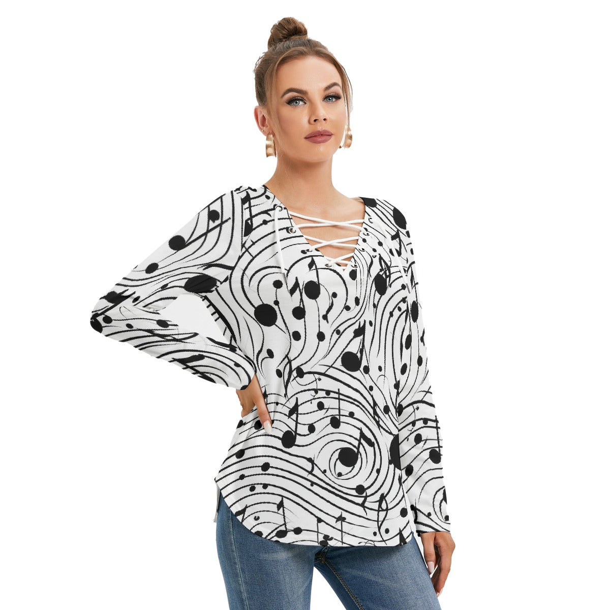 All-Over Print Women's Long Sleeve Neckline Tie Sweatshirt