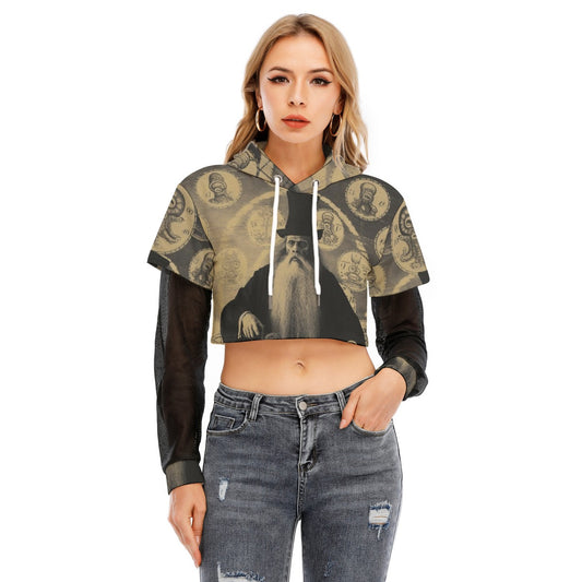All-Over Print Women's Fake Two-piece Mesh Sleeve Cropped Hoodie