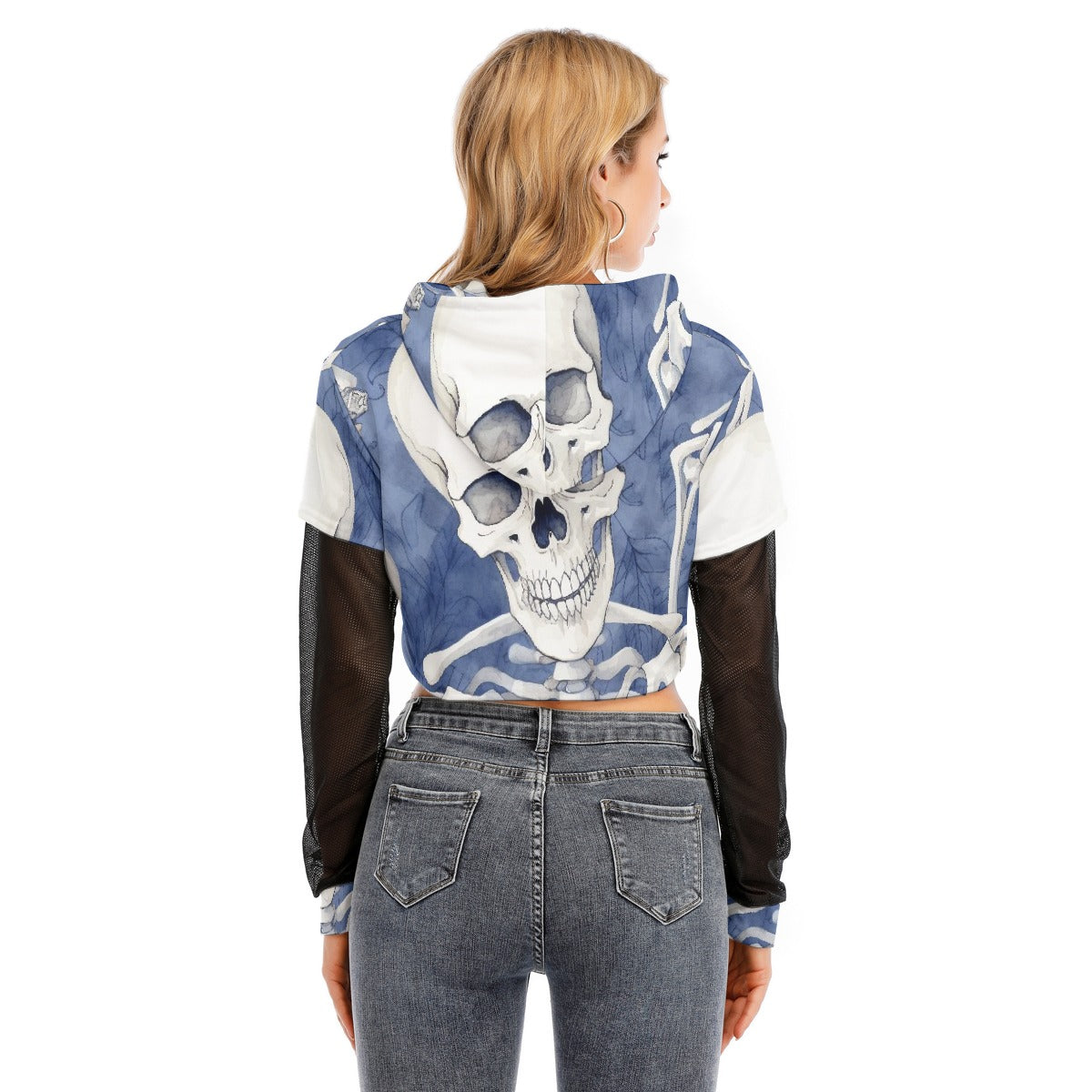 All-Over Print Women's Fake Two-piece Mesh Sleeve Cropped Hoodie