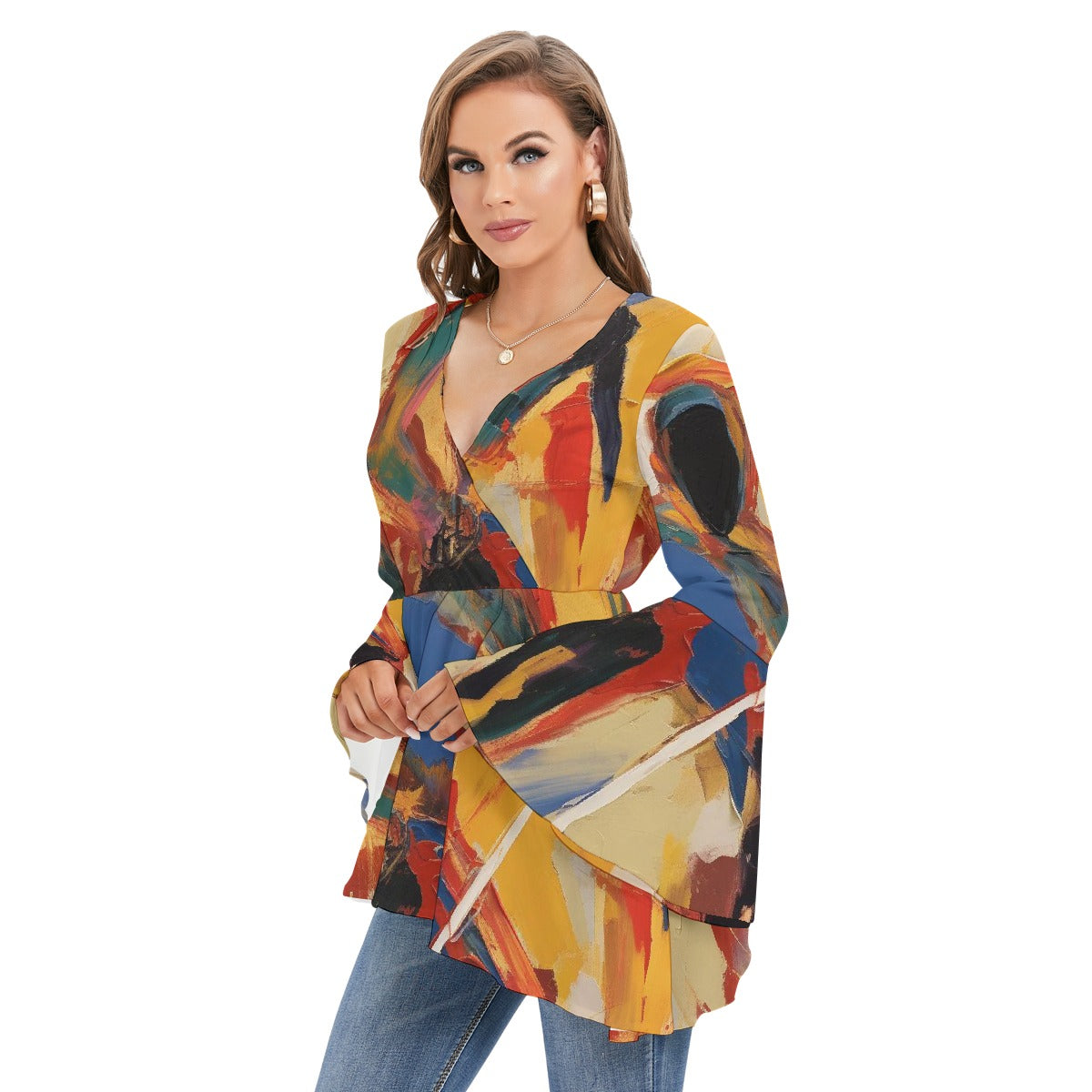 All-Over Print Women's V-neck Blouse With Flared Sleeves