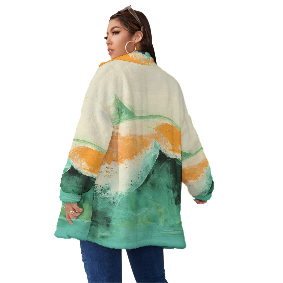 All-Over Print Unisex Borg Fleece Stand-up Collar Coat With Zipper Closure(Plus Size)