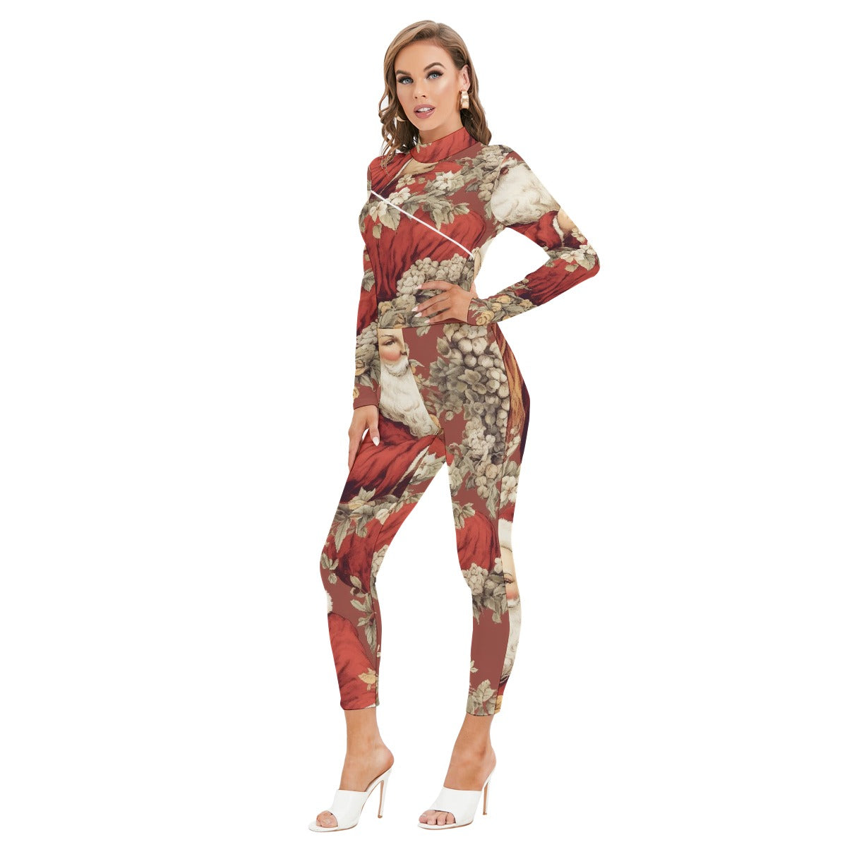 All-Over Print Women's Long-sleeved High-neck Jumpsuit With Zipper