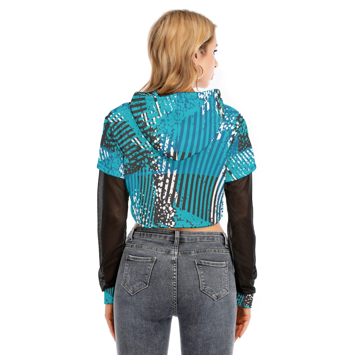 All-Over Print Women's Fake Two-piece Mesh Sleeve Cropped Hoodie