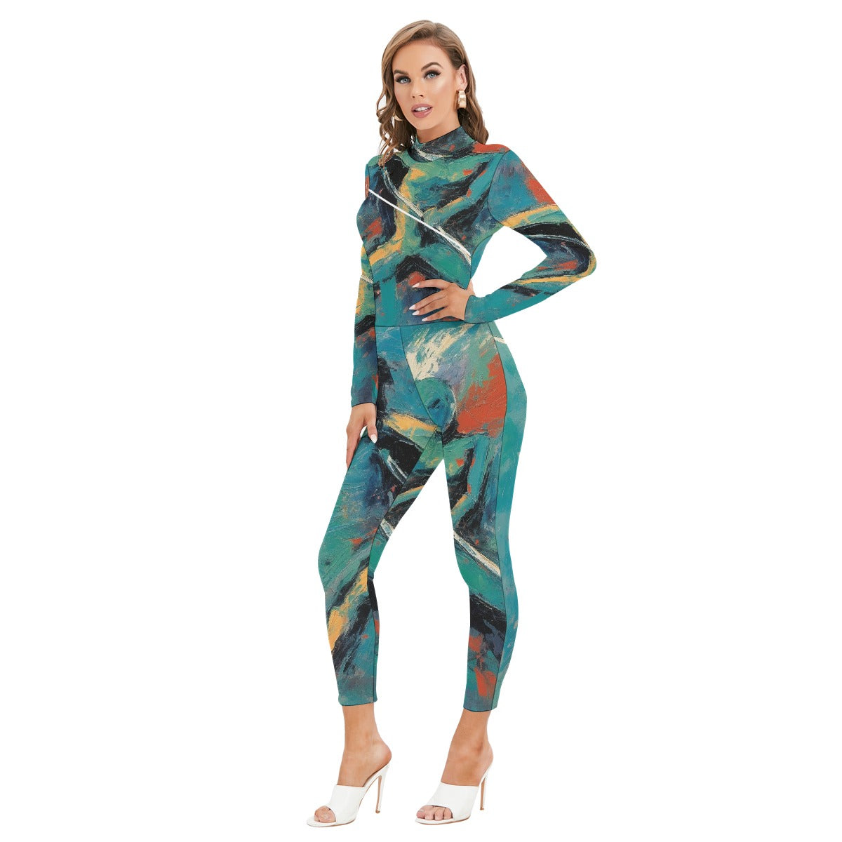 All-Over Print Women's Long-sleeved High-neck Jumpsuit With Zipper