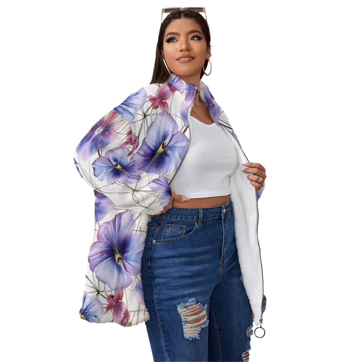 All-Over Print Unisex Borg Fleece Stand-up Collar Coat With Zipper Closure(Plus Size)