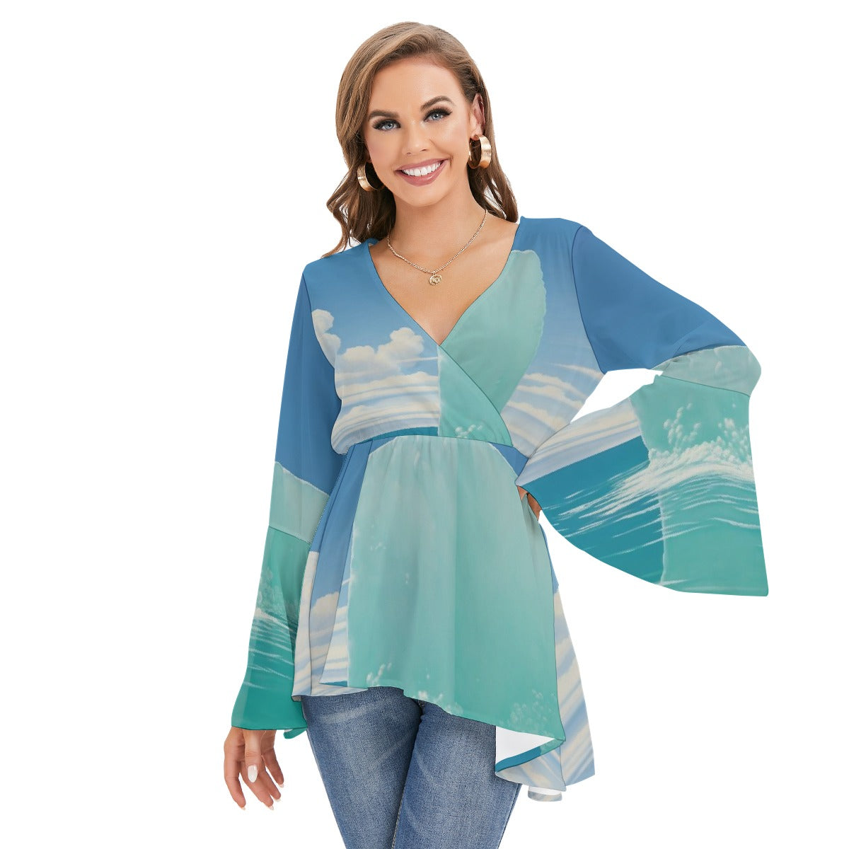 All-Over Print Women's V-neck Blouse With Flared Sleeves