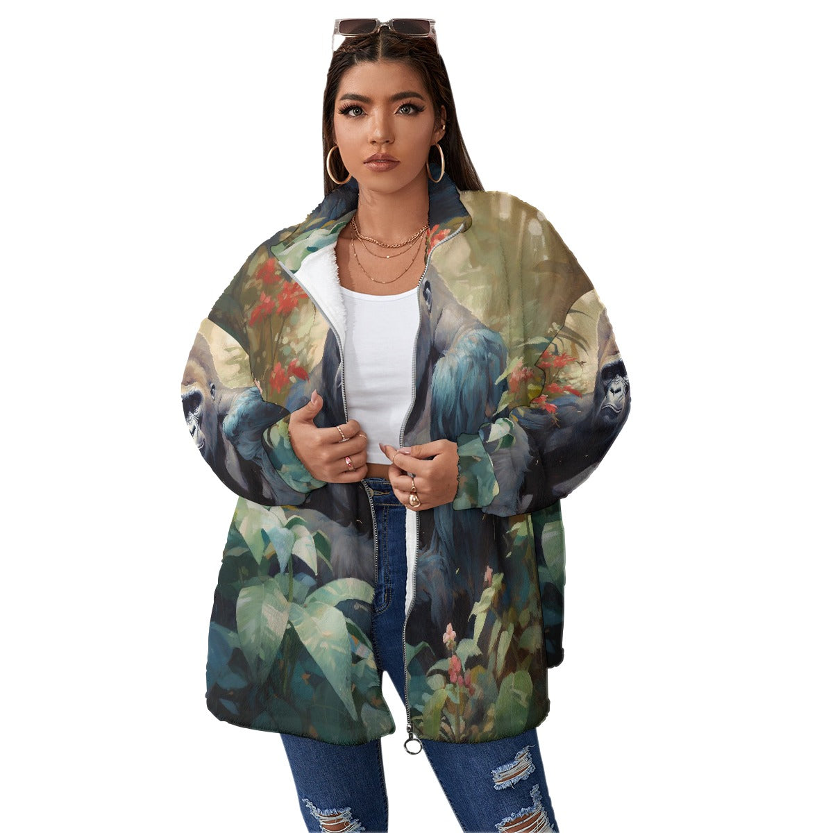All-Over Print Unisex Borg Fleece Stand-up Collar Coat With Zipper Closure(Plus Size)